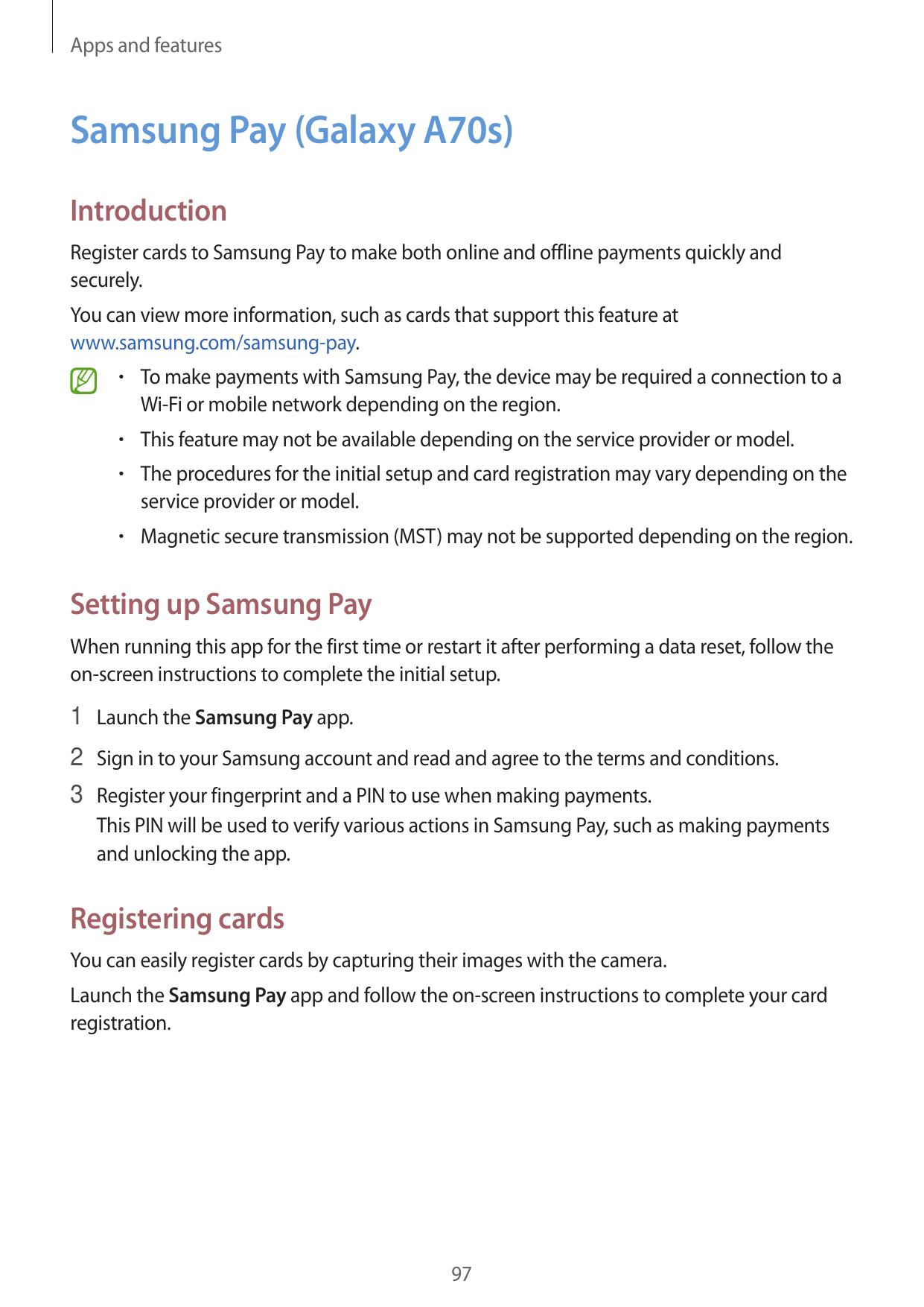 Apps and featuresSamsung Pay (Galaxy A70s)IntroductionRegister cards to Samsung Pay to make both online and offline payments qui