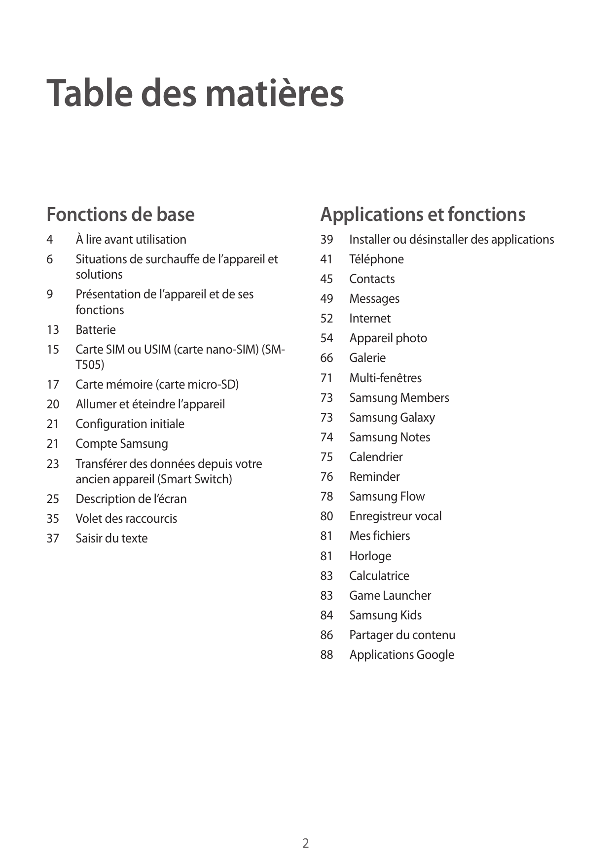Table des matièresFonctions de baseApplications et fonctions4639 Installer ou désinstaller des applications41Téléphone45Contacts