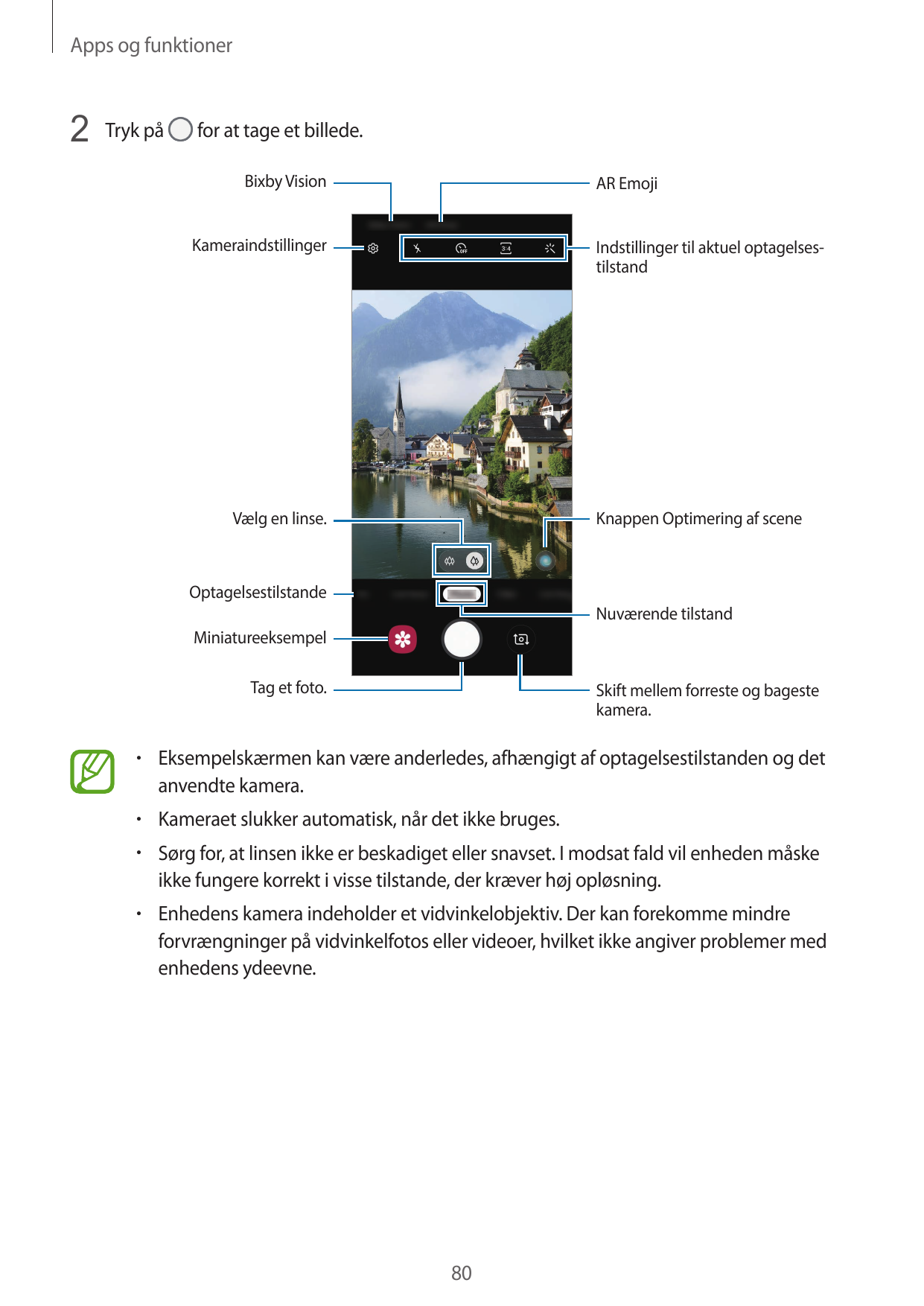 Apps og funktioner2 Tryk påfor at tage et billede.Bixby VisionAR EmojiKameraindstillingerIndstillinger til aktuel optagelsestils