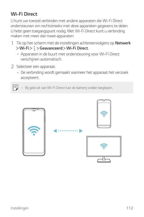 Wi-Fi DirectU kunt uw toestel verbinden met andere apparaten die Wi-Fi Directondersteunen om rechtstreeks met deze apparaten geg
