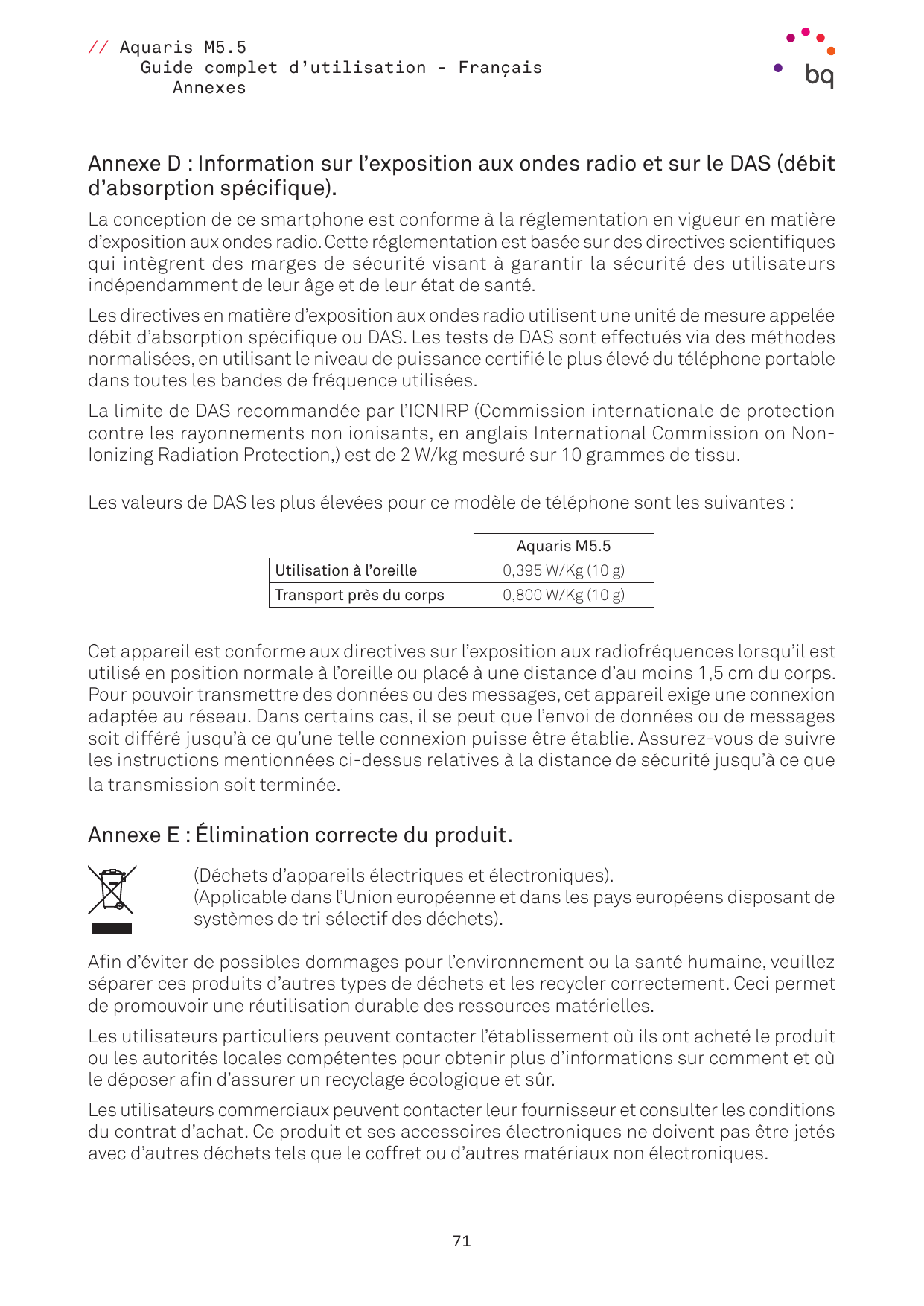 // Aquaris M5.5Guide complet d’utilisation - FrançaisAnnexesAnnexe D : Information sur l’exposition aux ondes radio et sur le DA
