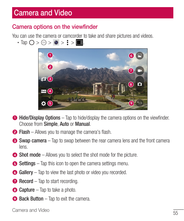 Camera and VideoCamera options on the viewfinderYou can use the camera or camcorder to take and share pictures and videos.• Tap>