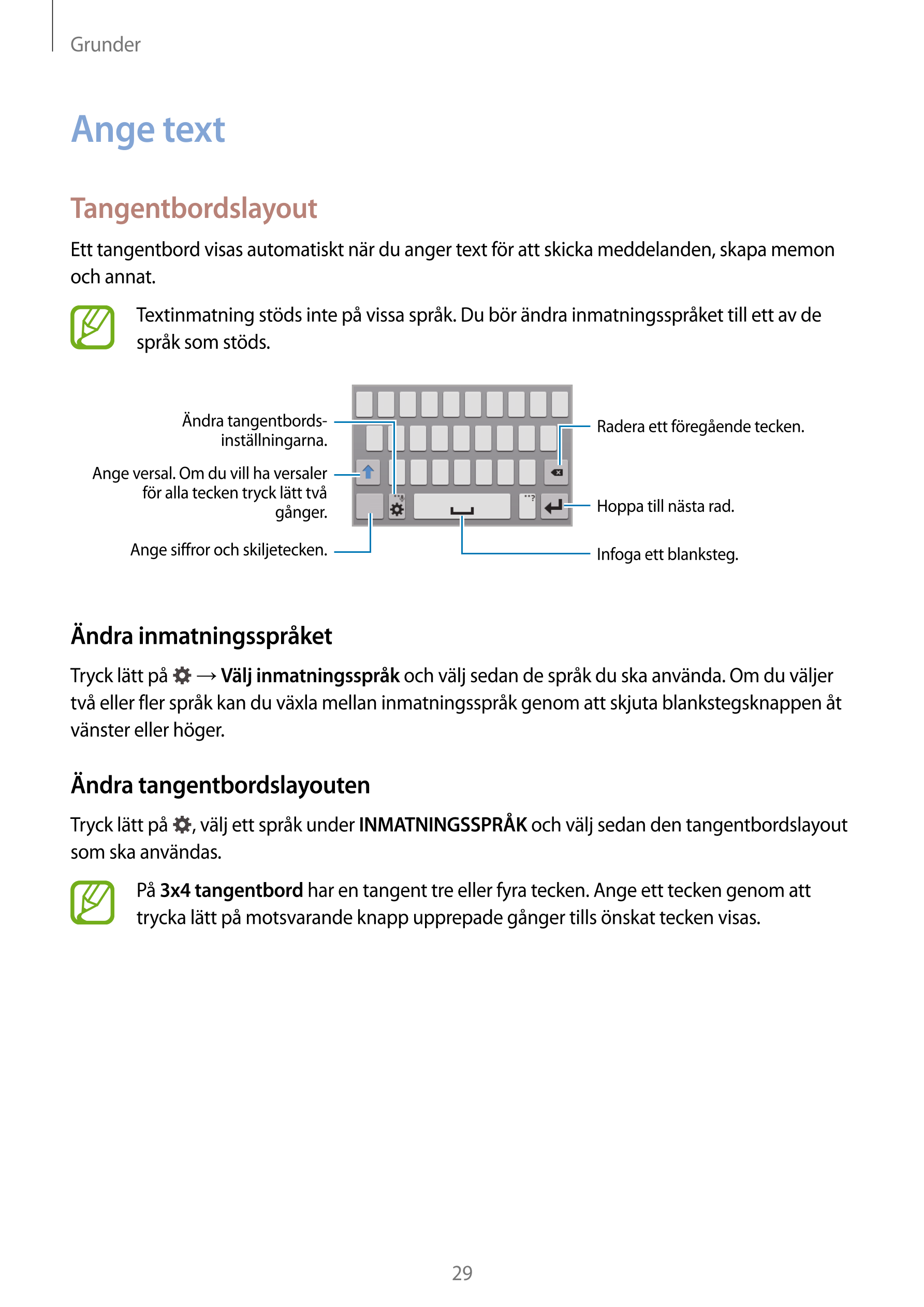 Grunder
Ange text
Tangentbordslayout
Ett tangentbord visas automatiskt när du anger text för att skicka meddelanden, skapa memon