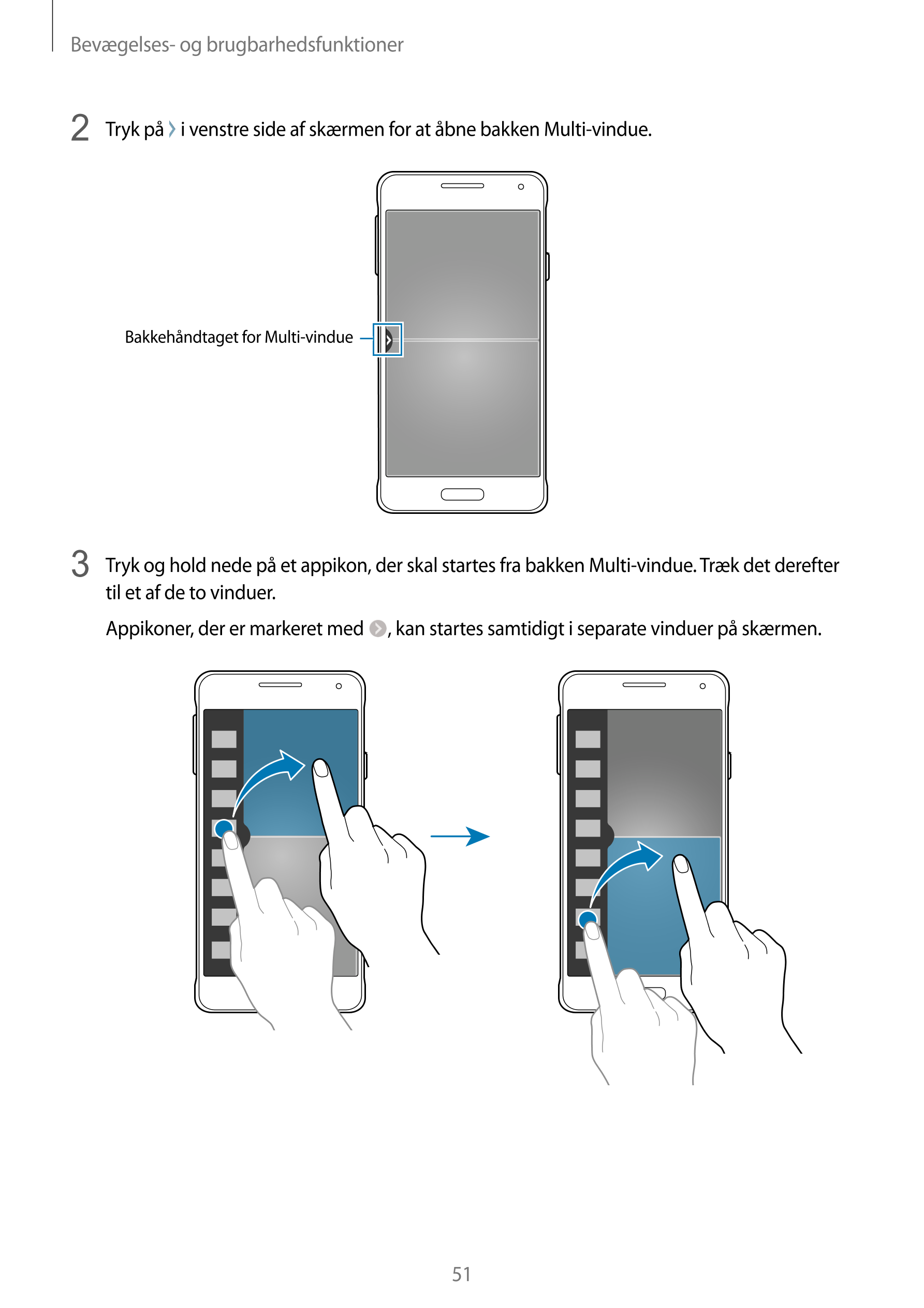 Bevægelses- og brugbarhedsfunktioner
2  Tryk på   i venstre side af skærmen for at åbne bakken Multi-vindue.
Bakkehåndtaget for 