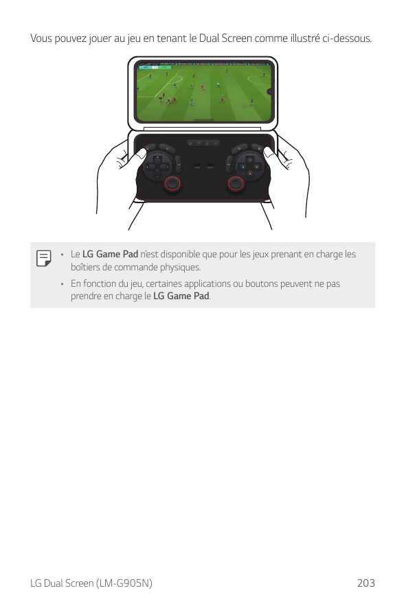 Vous pouvez jouer au jeu en tenant le Dual Screen comme illustré ci-dessous.• Le LG Game Pad n’est disponible que pour les jeux 