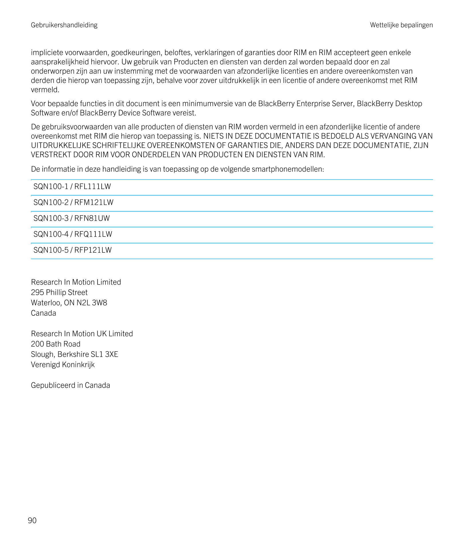 Gebruikershandleiding Wettelijke bepalingen
impliciete voorwaarden, goedkeuringen, beloftes, verklaringen of garanties door RIM 