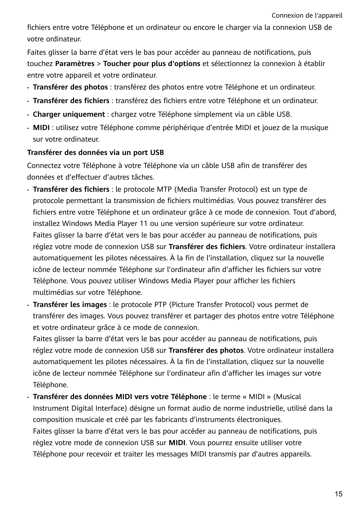 Connexion de l'appareilfichiers entre votre Téléphone et un ordinateur ou encore le charger via la connexion USB devotre ordinat