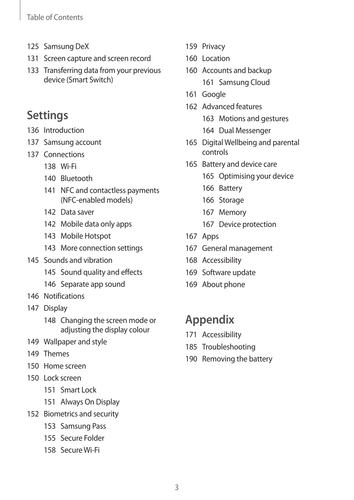 Table of Contents159Privacy160Location160 Accounts and backup161 Samsung Cloud161Google162 Advanced features163 Motions and gest