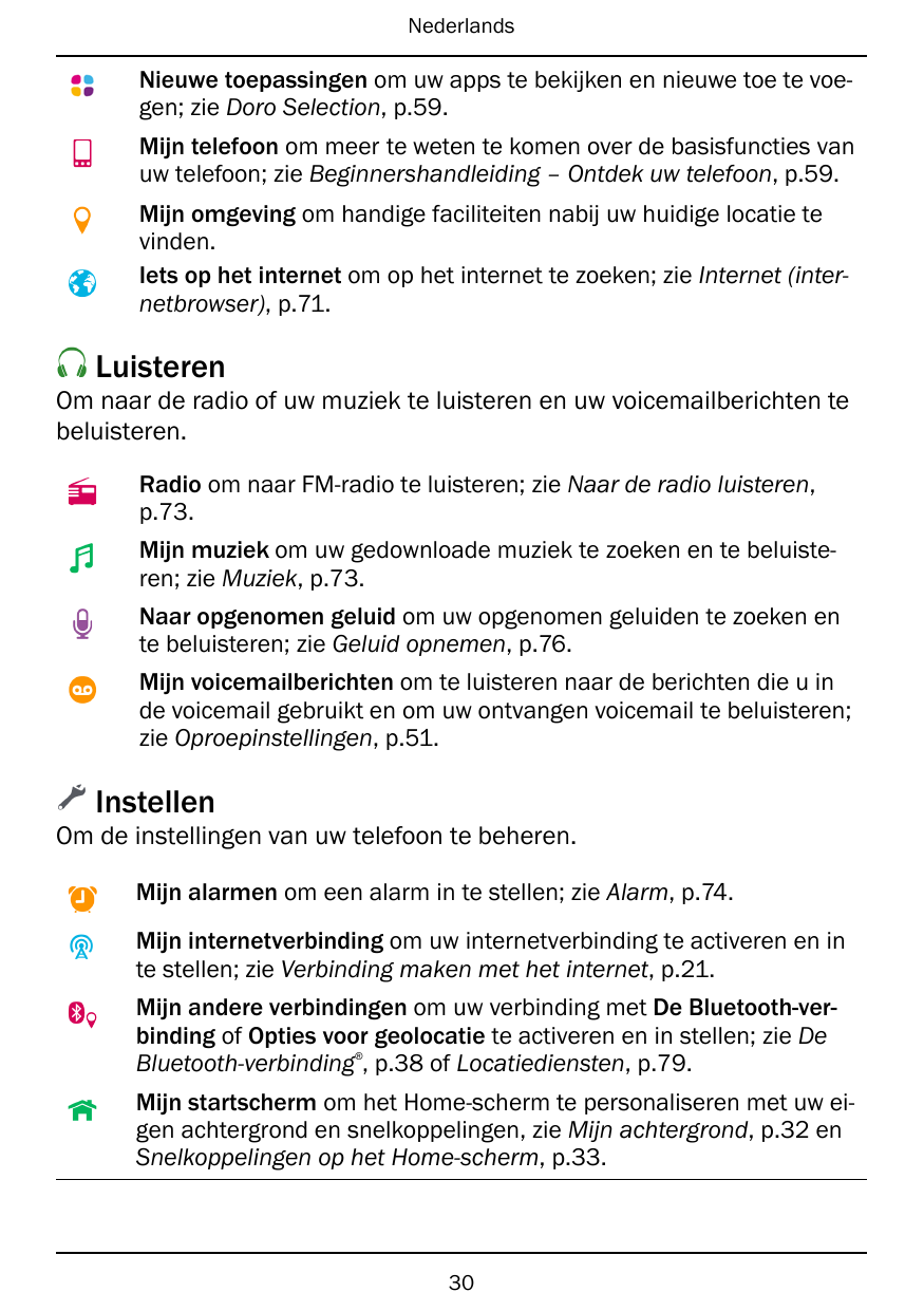 NederlandsNieuwe toepassingen om uw apps te bekijken en nieuwe toe te voegen; zie Doro Selection, p.59.Mijn telefoon om meer te 