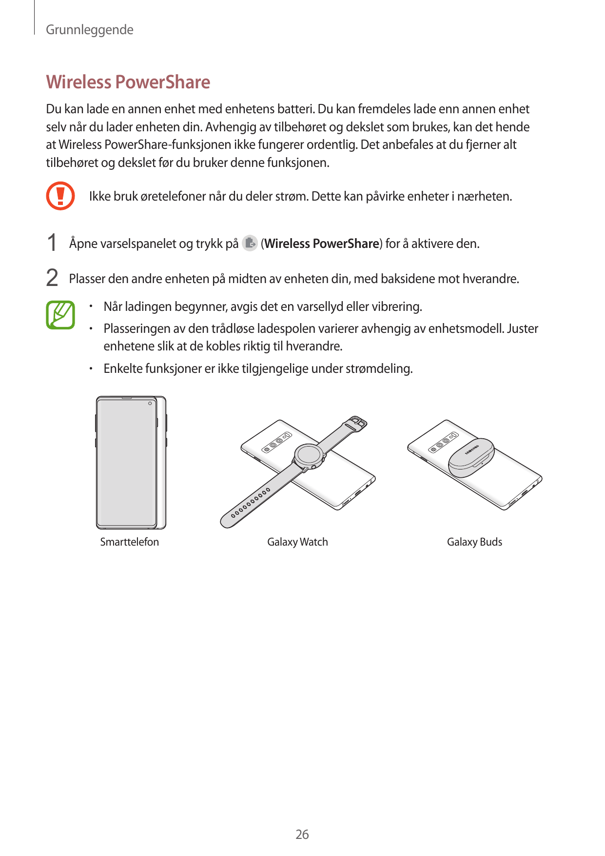 GrunnleggendeWireless PowerShareDu kan lade en annen enhet med enhetens batteri. Du kan fremdeles lade enn annen enhetselv når d