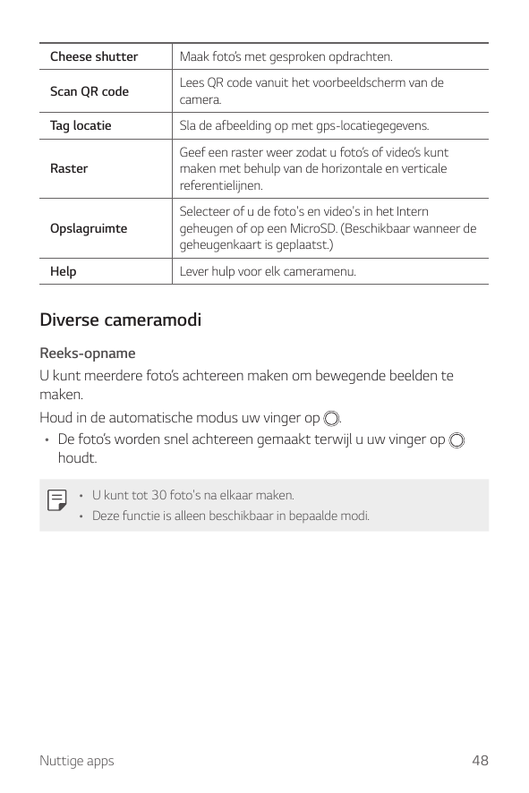 Cheese shutterMaak foto’s met gesproken opdrachten.Scan QR codeLees QR code vanuit het voorbeeldscherm van decamera.Tag locatieS