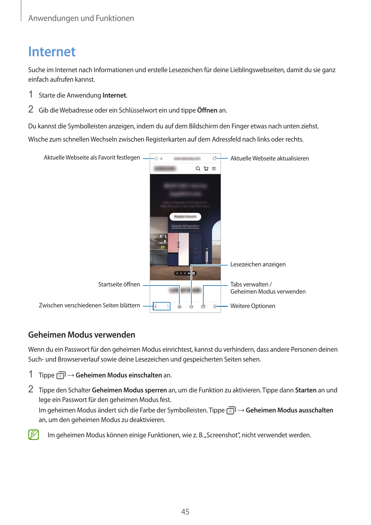 Anwendungen und FunktionenInternetSuche im Internet nach Informationen und erstelle Lesezeichen für deine Lieblingswebseiten, da