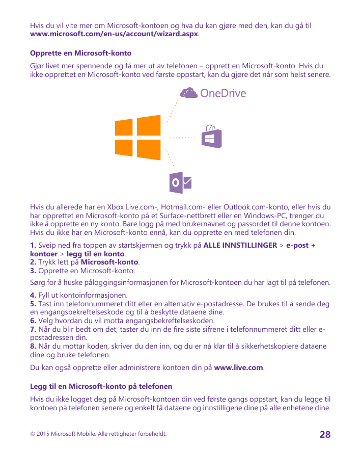 Hvis du vil vite mer om Microsoft-kontoen og hva du kan gjøre med den, kan du gå tilwww.microsoft.com/en-us/account/wizard.aspx.