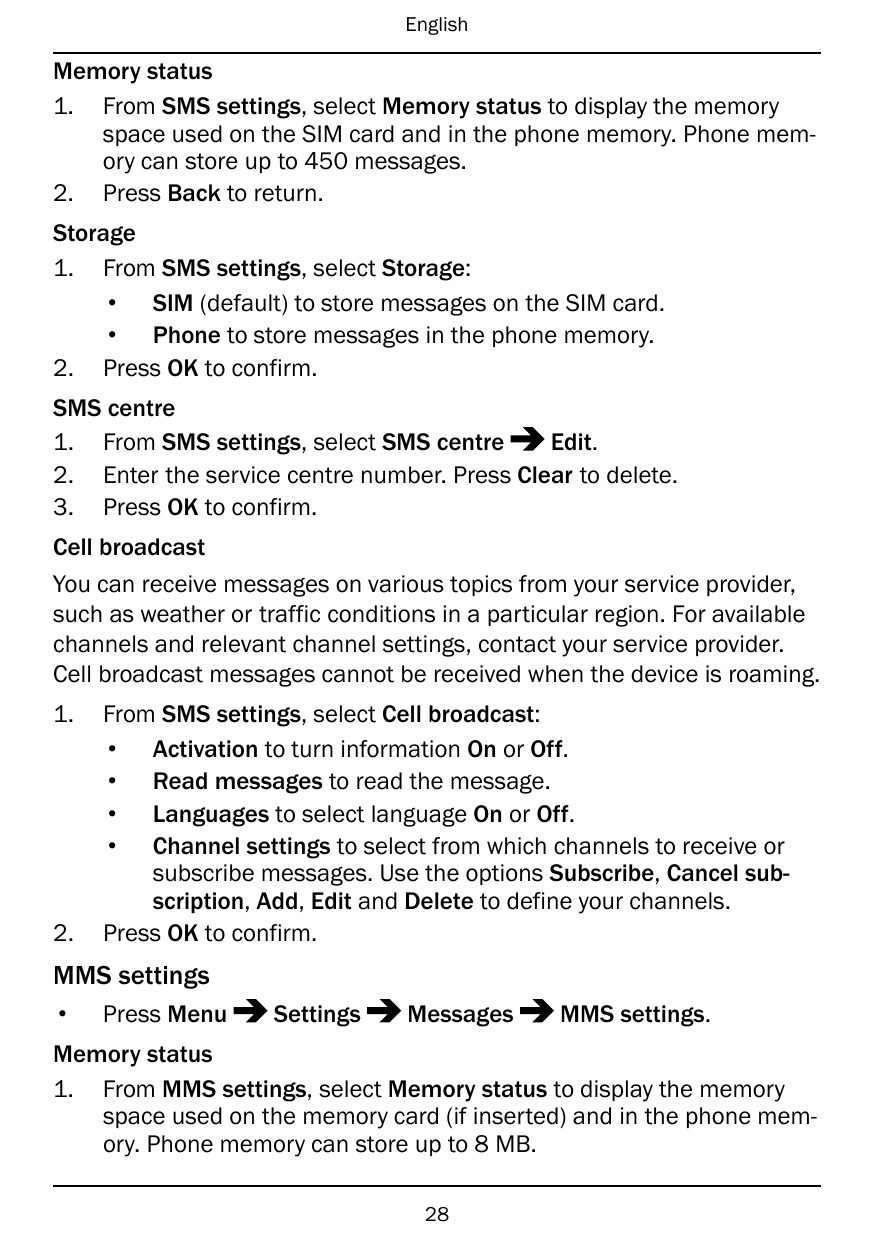 EnglishMemory status1. From SMS settings, select Memory status to display the memoryspace used on the SIM card and in the phone 