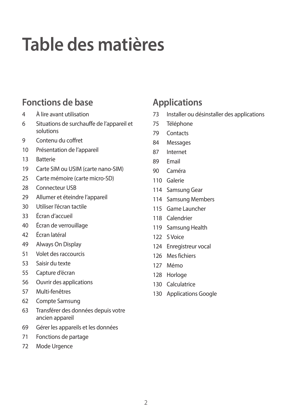 Table des matièresFonctions de baseApplications4673 Installer ou désinstaller des applications75Téléphone79Contacts84Messages87I