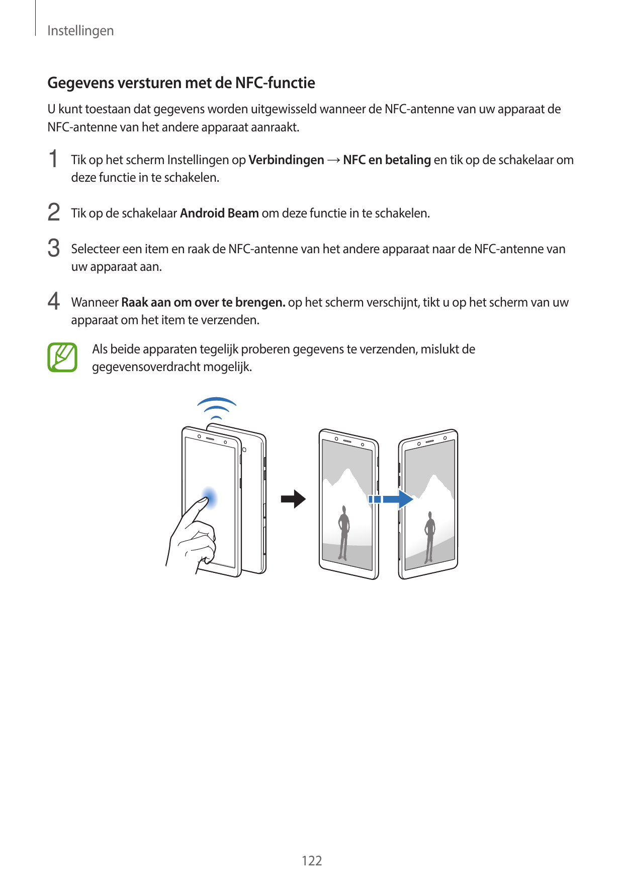 InstellingenGegevens versturen met de NFC-functieU kunt toestaan dat gegevens worden uitgewisseld wanneer de NFC-antenne van uw 
