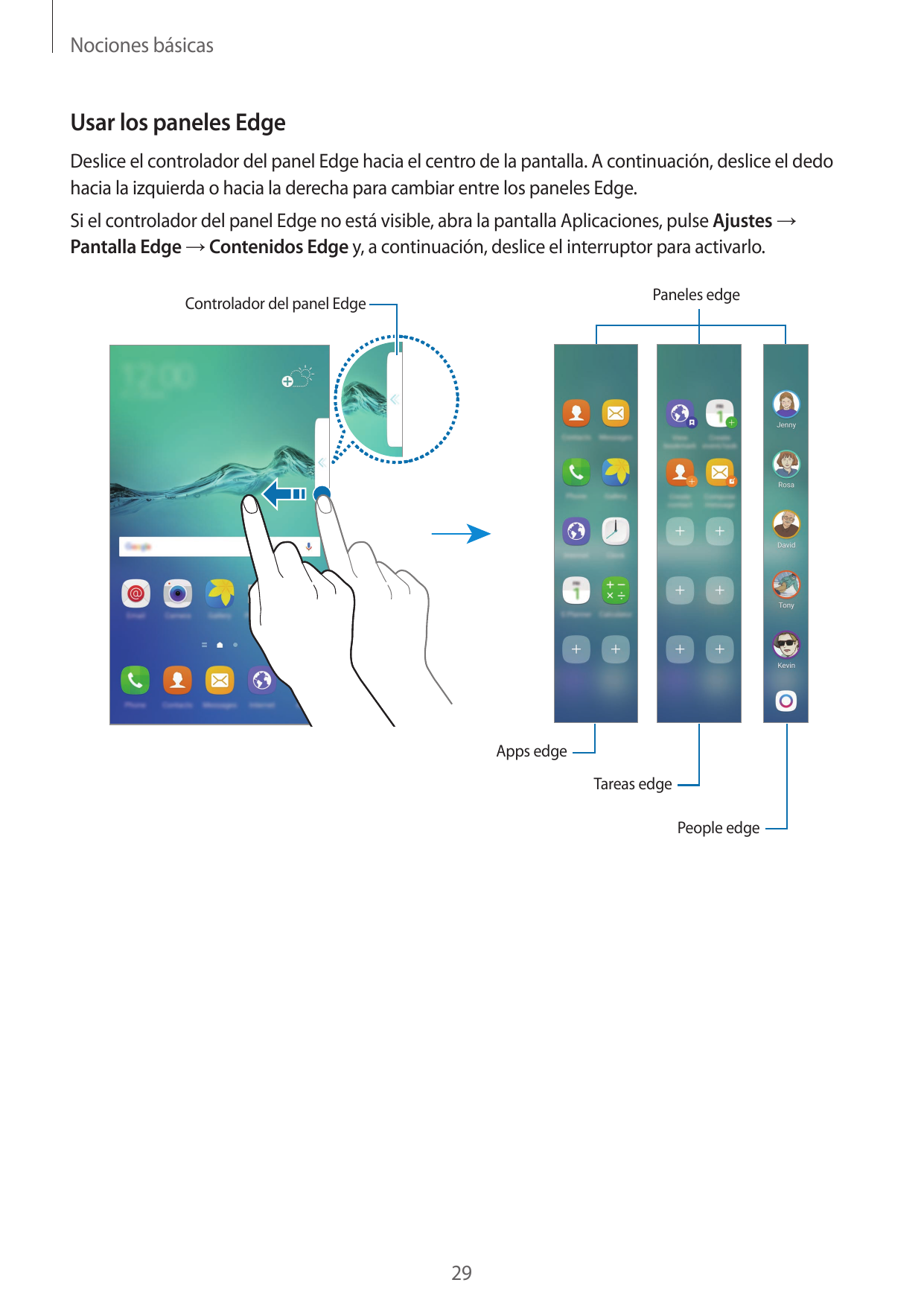 Nociones básicasUsar los paneles EdgeDeslice el controlador del panel Edge hacia el centro de la pantalla. A continuación, desli