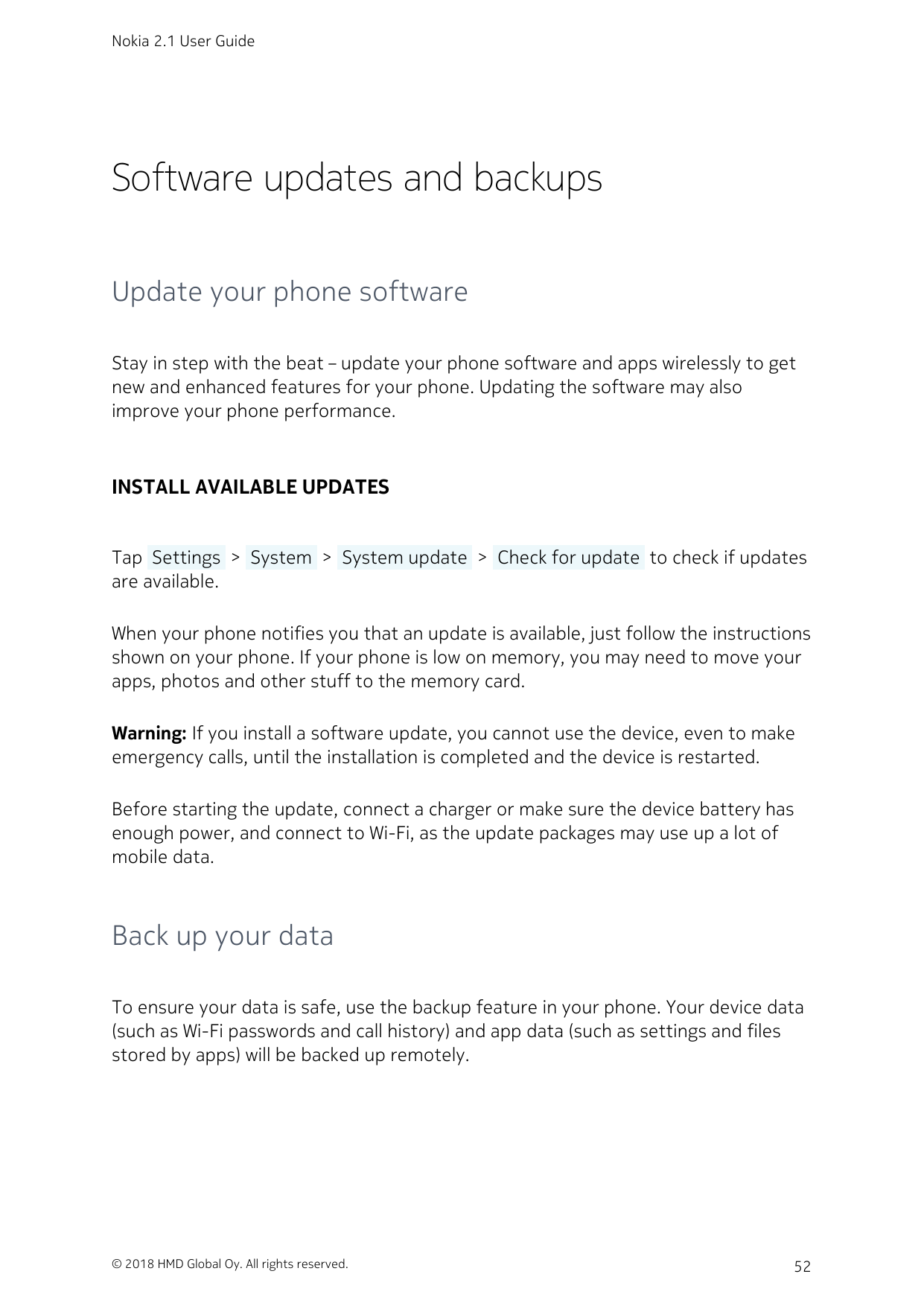 Nokia 2.1 User GuideSoftware updates and backupsUpdate your phone softwareStay in step with the beat – update your phone softwar