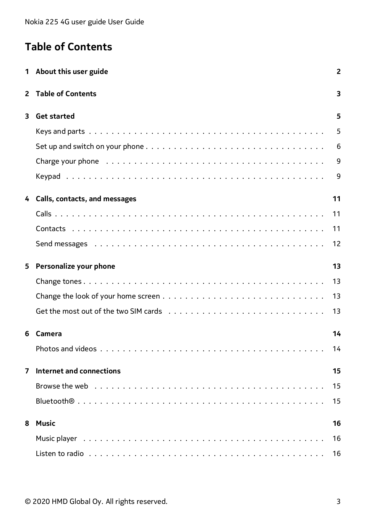 Nokia 225 4G user guide User GuideTable of Contents1 About this user guide22 Table of Contents33 Get started5Keys and parts . . 