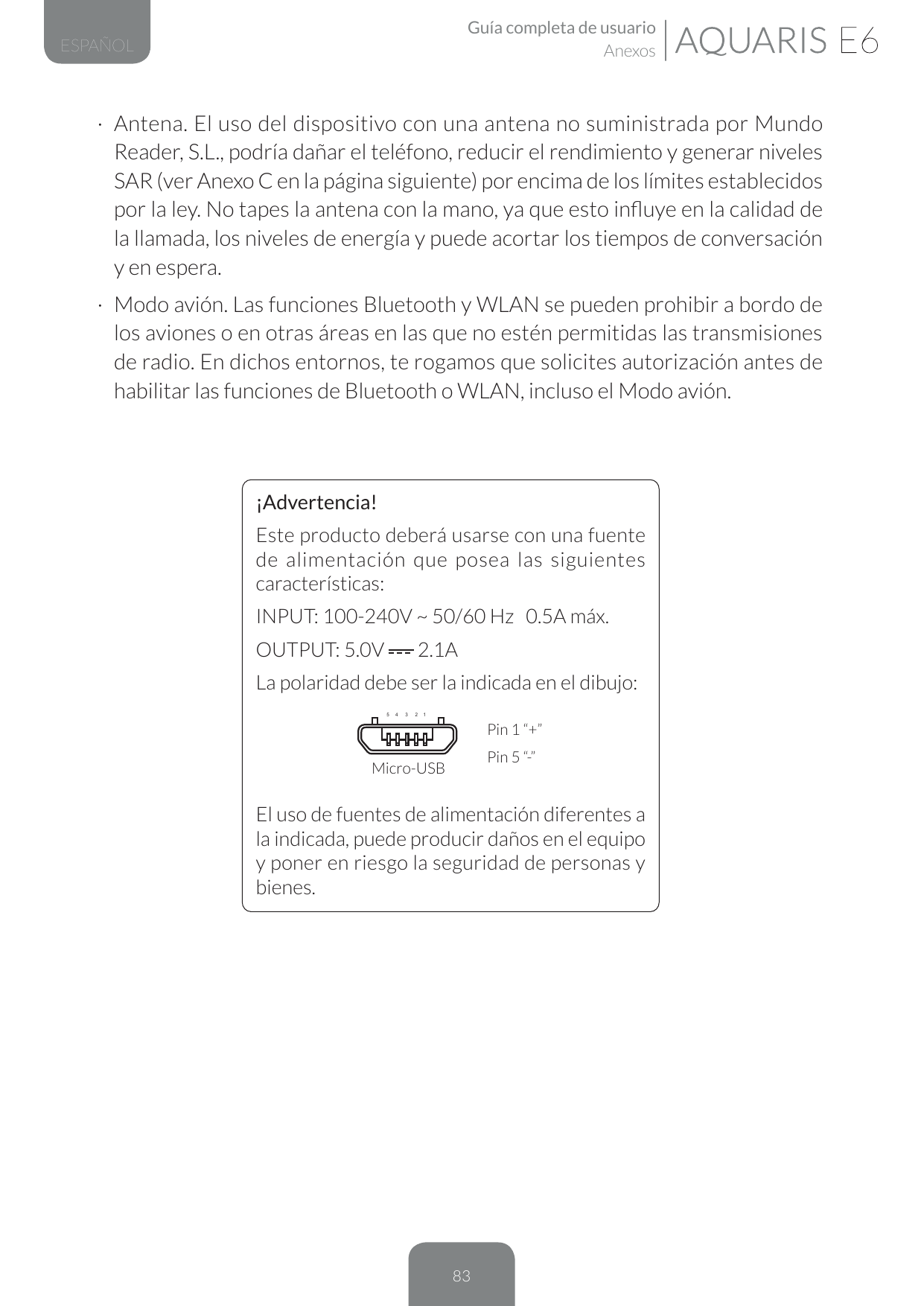 Guía completa de usuarioAnexosESPAÑOL· Antena. El uso del dispositivo con una antena no suministrada por MundoReader, S.L., podr
