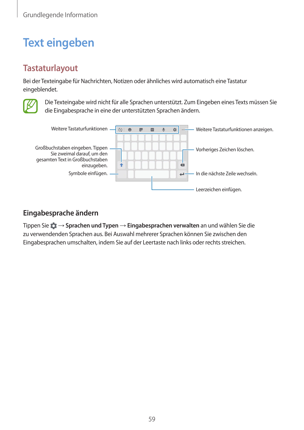 Grundlegende InformationText eingebenTastaturlayoutBei der Texteingabe für Nachrichten, Notizen oder ähnliches wird automatisch 