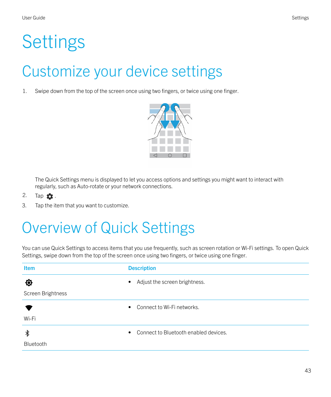 User GuideSettingsSettingsCustomize your device settings1.Swipe down from the top of the screen once using two fingers, or twice