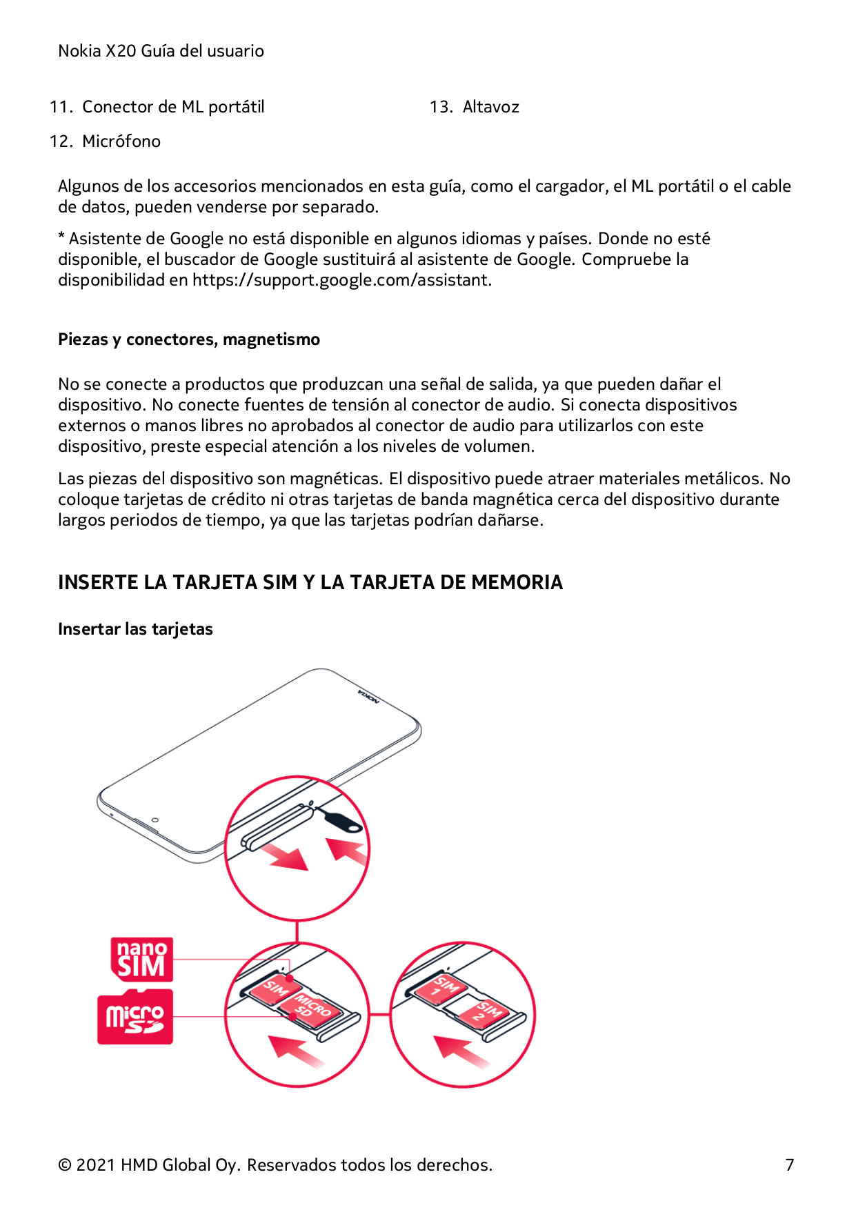 Nokia X20 Guía del usuario11. Conector de ML portátil13. Altavoz12. MicrófonoAlgunos de los accesorios mencionados en esta guía,