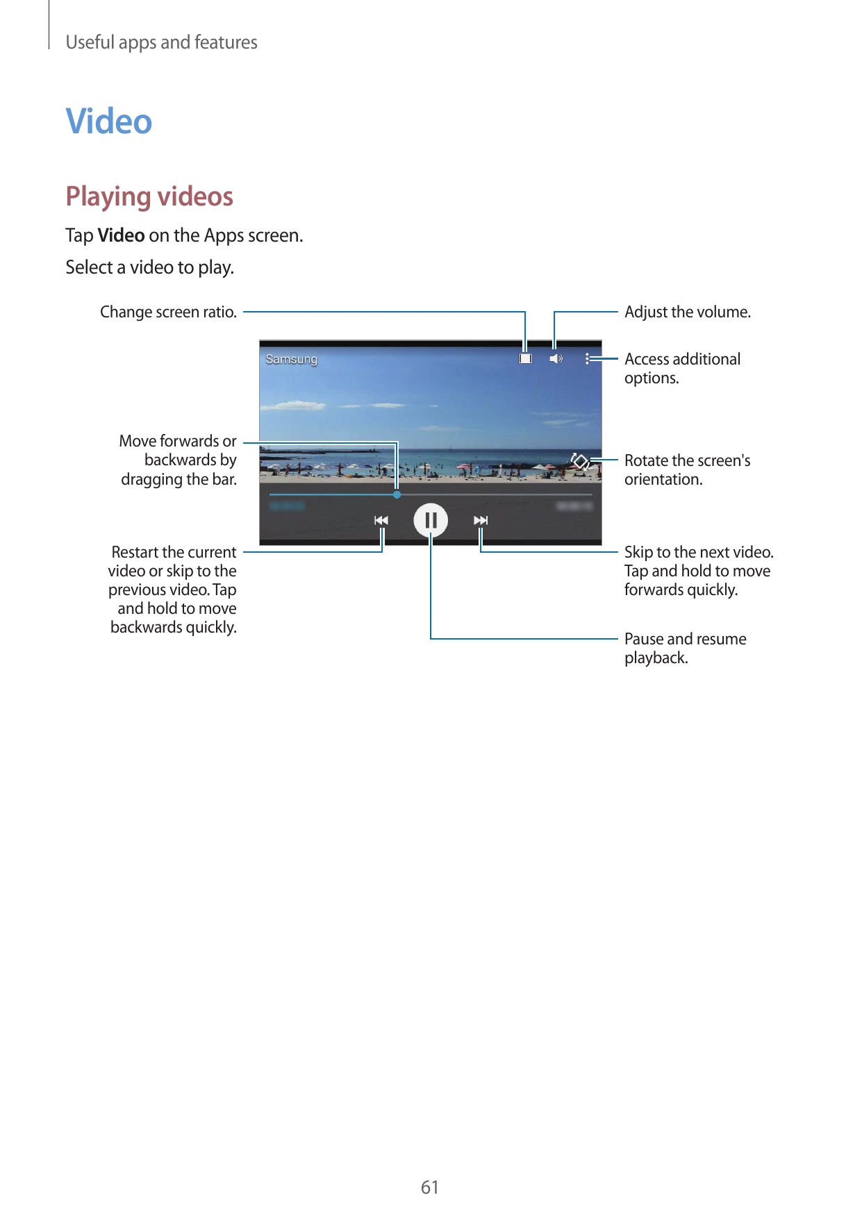 Useful apps and featuresVideoPlaying videosTap Video on the Apps screen.Select a video to play.Change screen ratio.Adjust the vo