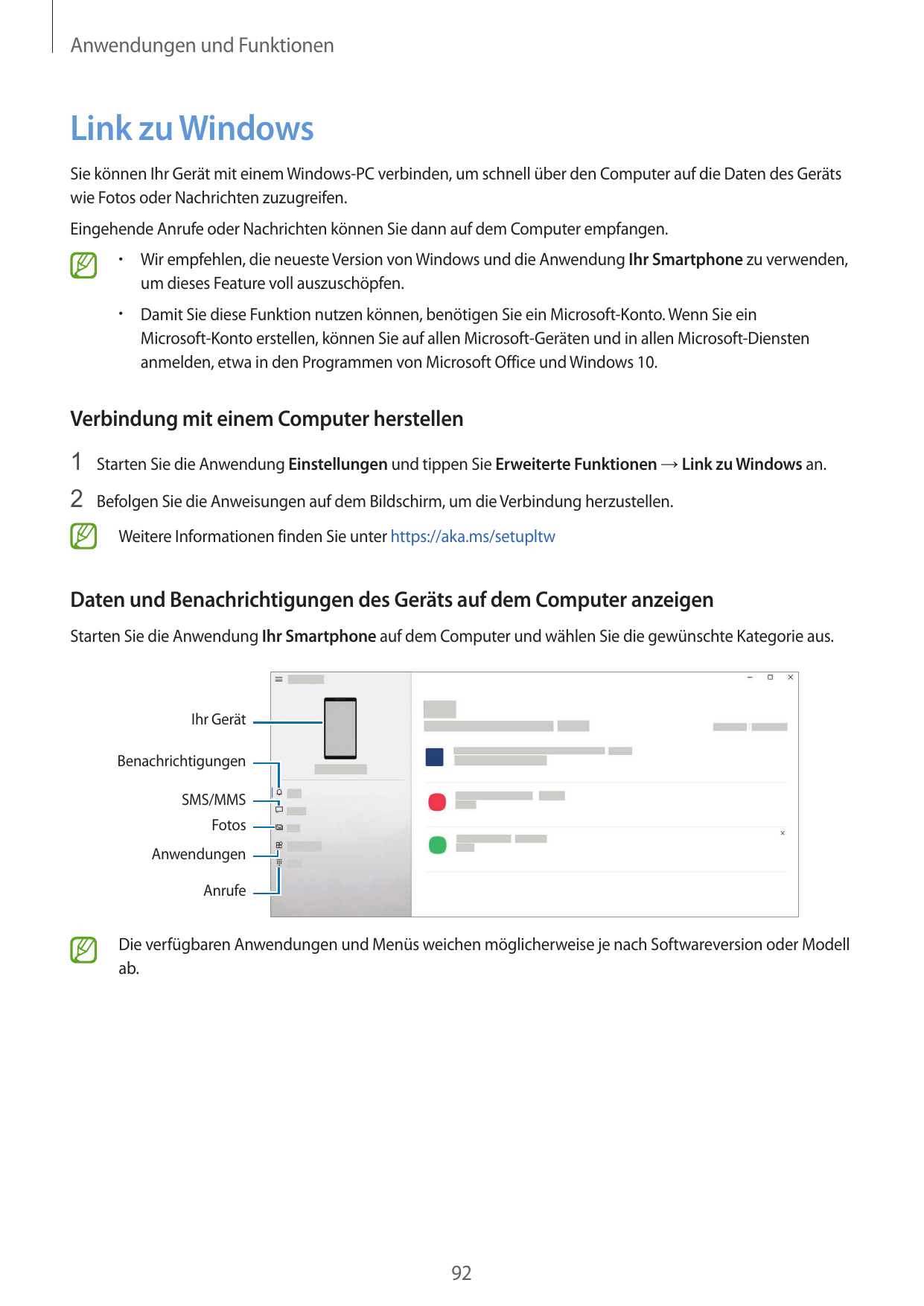 Anwendungen und FunktionenLink zu WindowsSie können Ihr Gerät mit einem Windows-PC verbinden, um schnell über den Computer auf d