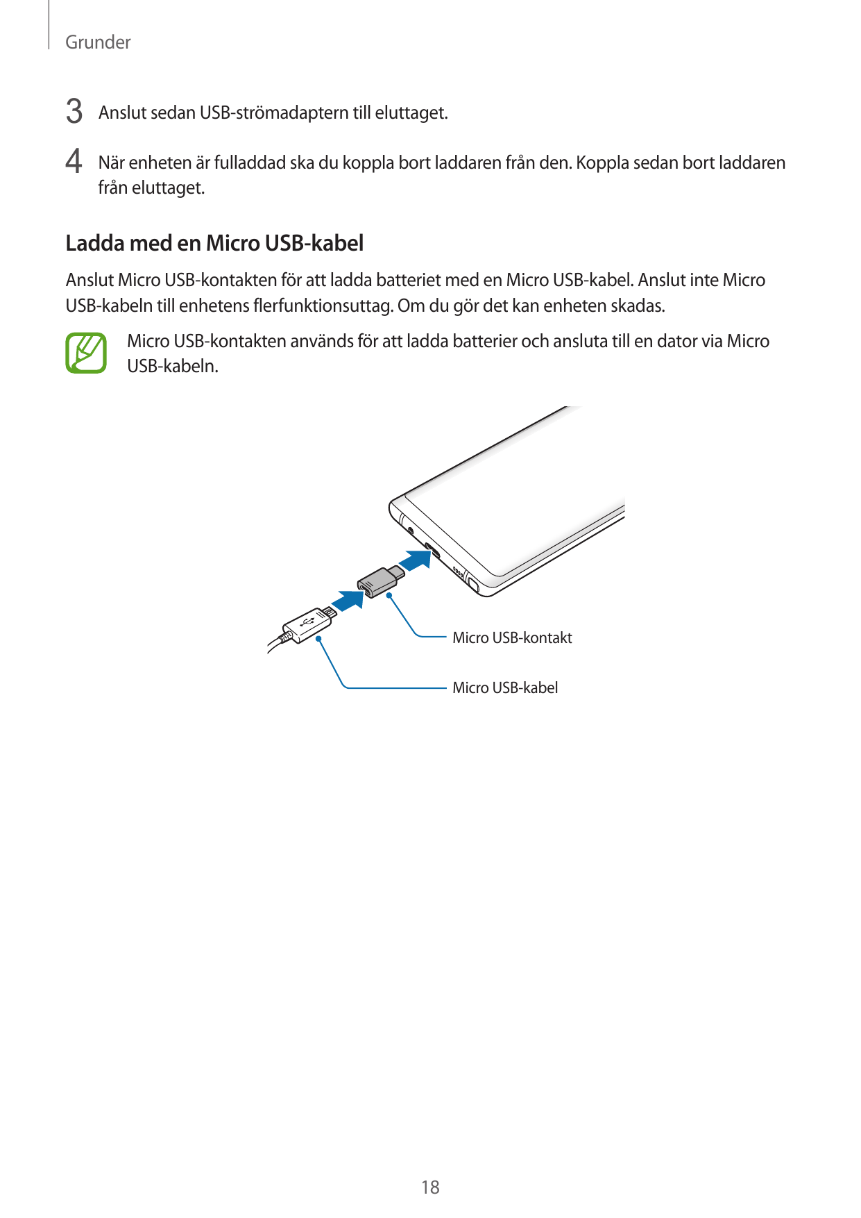 Grunder3 Anslut sedan USB-strömadaptern till eluttaget.4 När enheten är fulladdad ska du koppla bort laddaren från den. Koppla s
