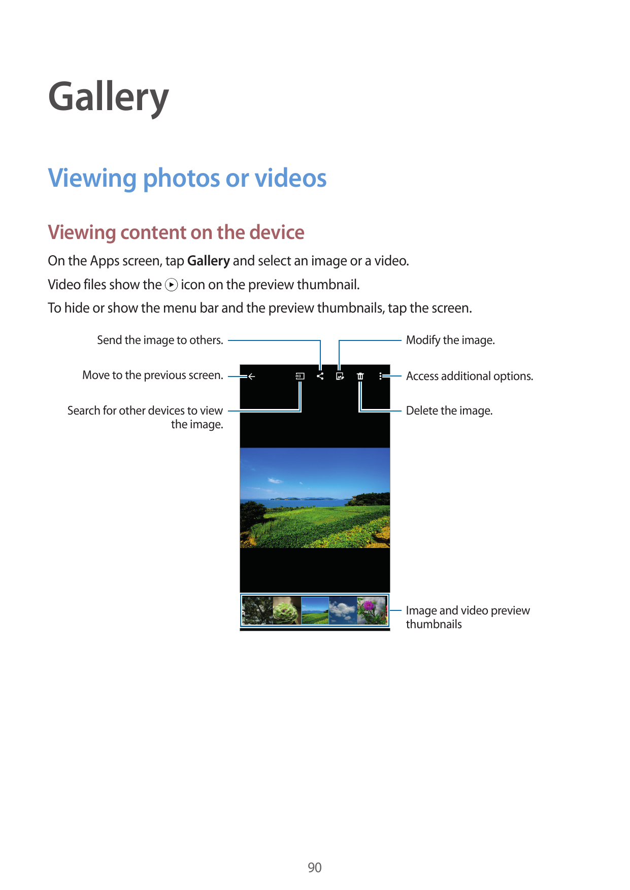 GalleryViewing photos or videosViewing content on the deviceOn the Apps screen, tap Gallery and select an image or a video.Video