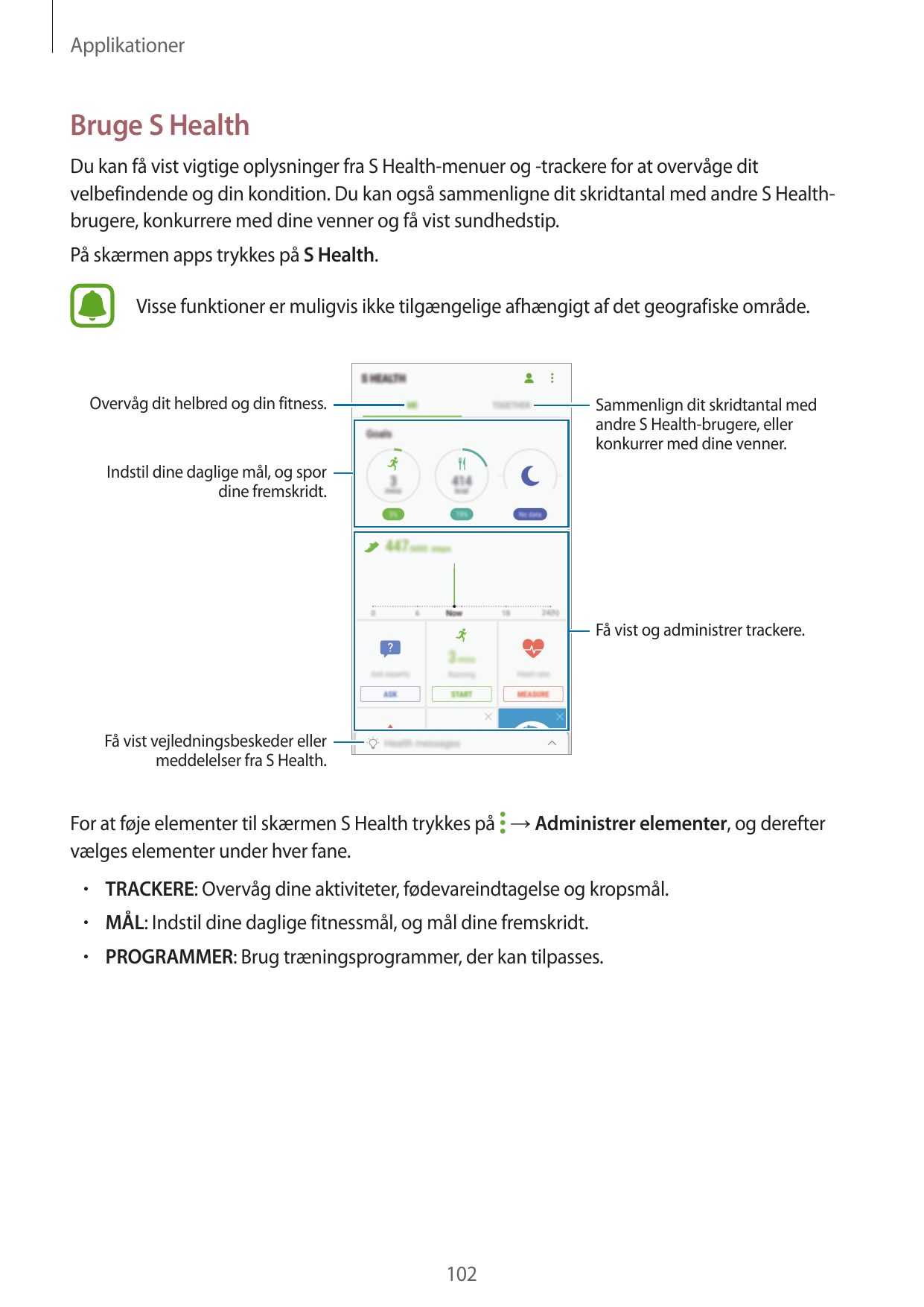ApplikationerBruge S HealthDu kan få vist vigtige oplysninger fra S Health-menuer og -trackere for at overvåge ditvelbefindende 