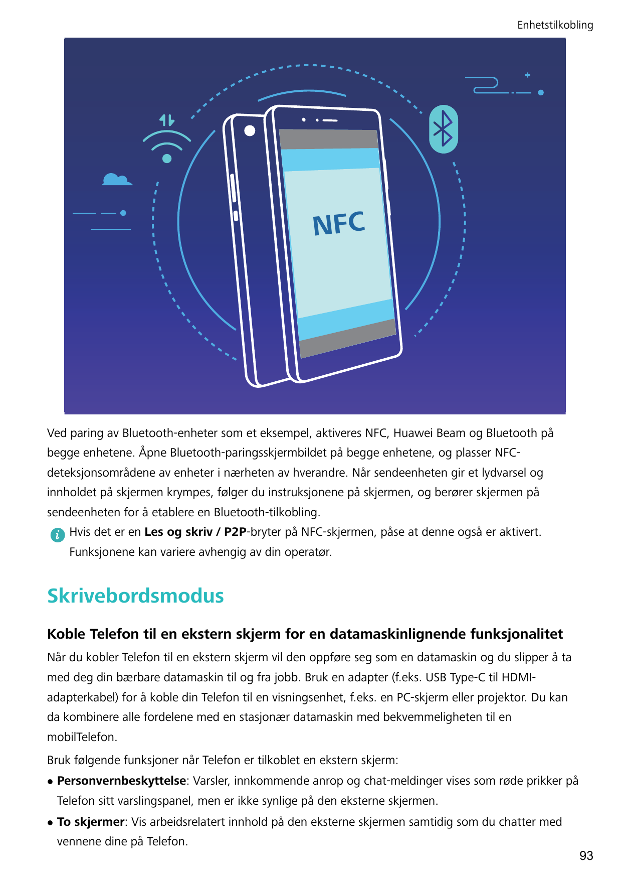 EnhetstilkoblingNFCVed paring av Bluetooth-enheter som et eksempel, aktiveres NFC, Huawei Beam og Bluetooth påbegge enhetene. Åp