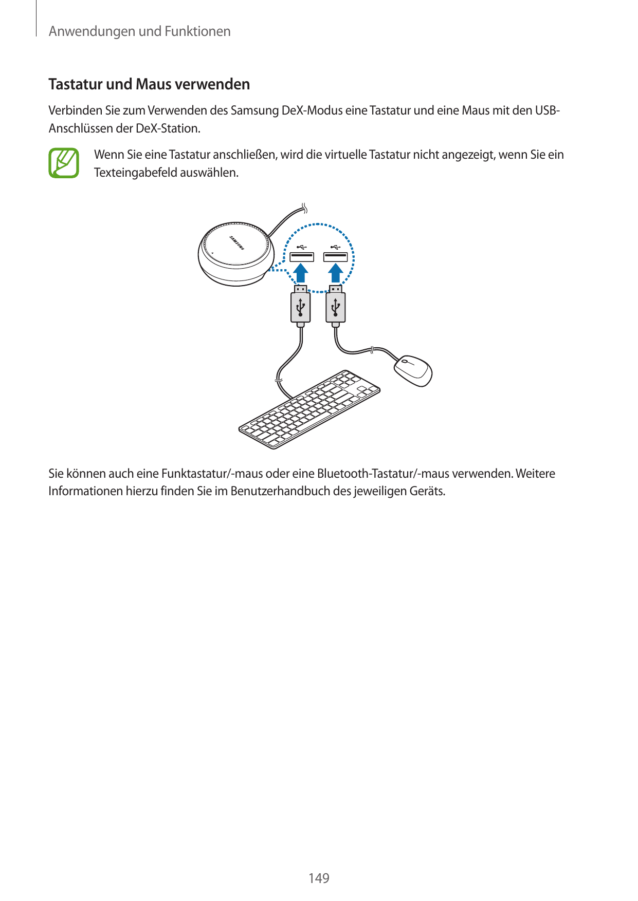 Anwendungen und FunktionenTastatur und Maus verwendenVerbinden Sie zum Verwenden des Samsung DeX-Modus eine Tastatur und eine Ma