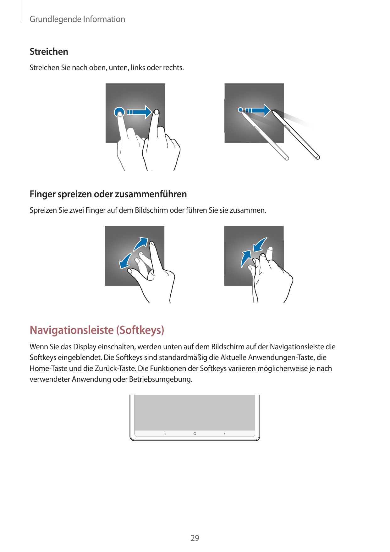 Grundlegende InformationStreichenStreichen Sie nach oben, unten, links oder rechts.Finger spreizen oder zusammenführenSpreizen S