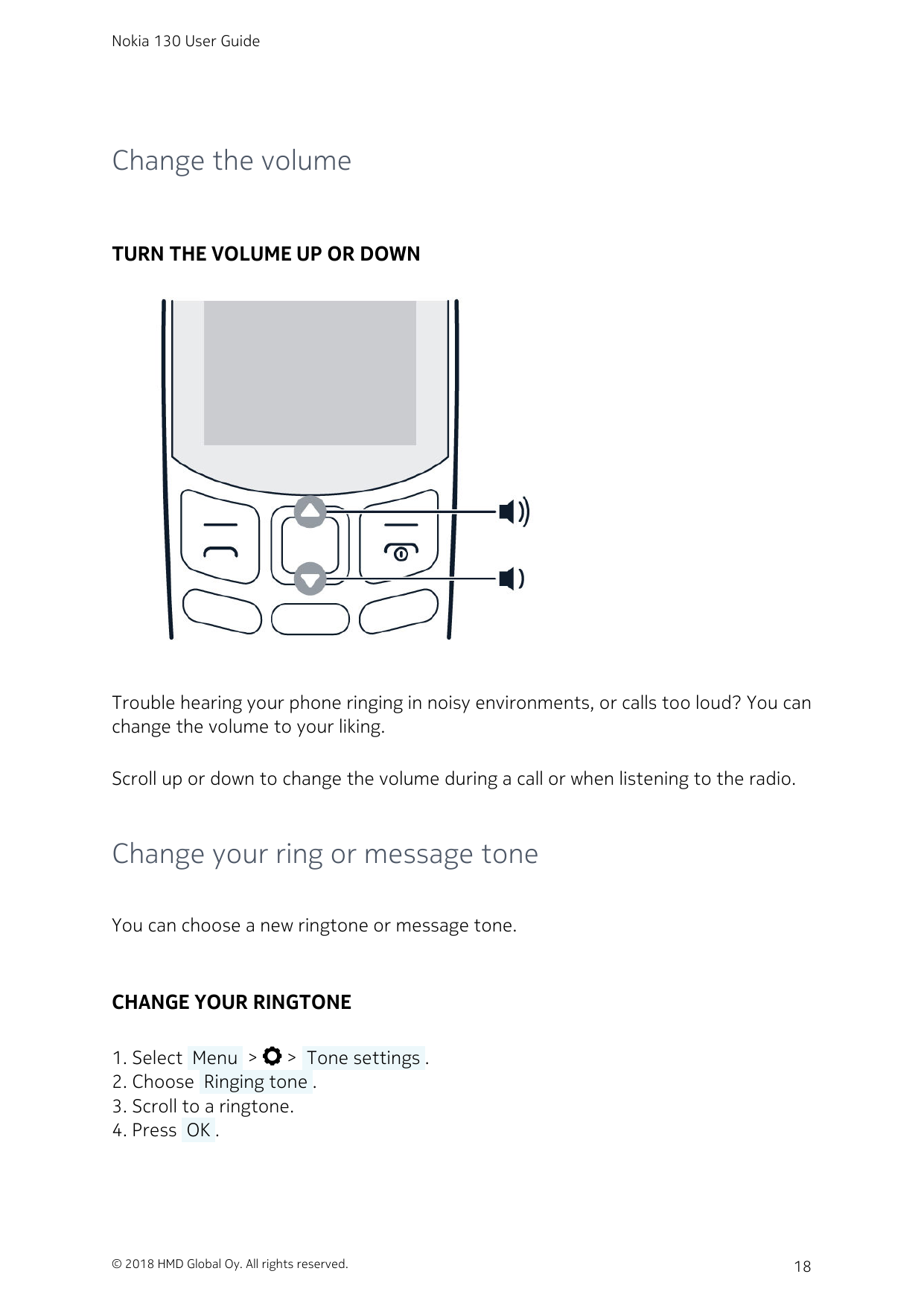Nokia 130 User GuideChange the volumeTURN THE VOLUME UP OR DOWNTrouble hearing your phone ringing in noisy environments, or call