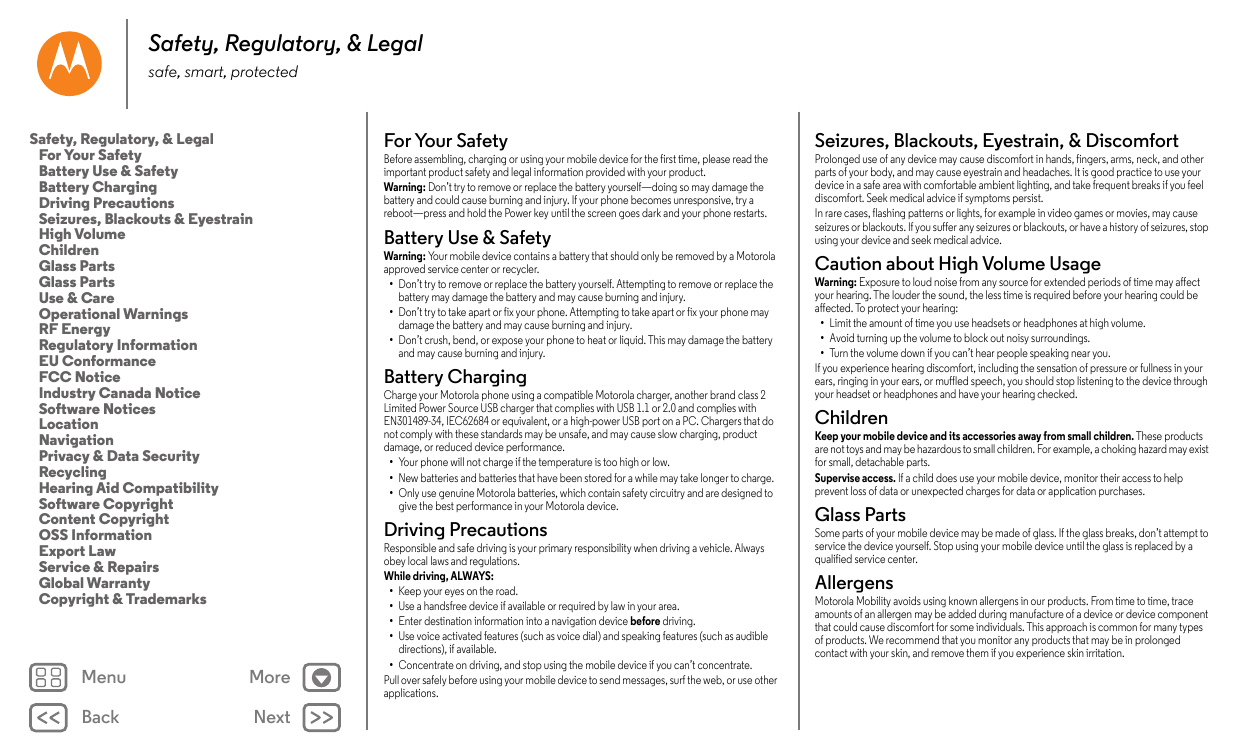 Safety, Regulatory, & Legalsafe, smart, protectedSafety, Regulatory, & LegalFor Your SafetyBattery Use & SafetyBattery ChargingD