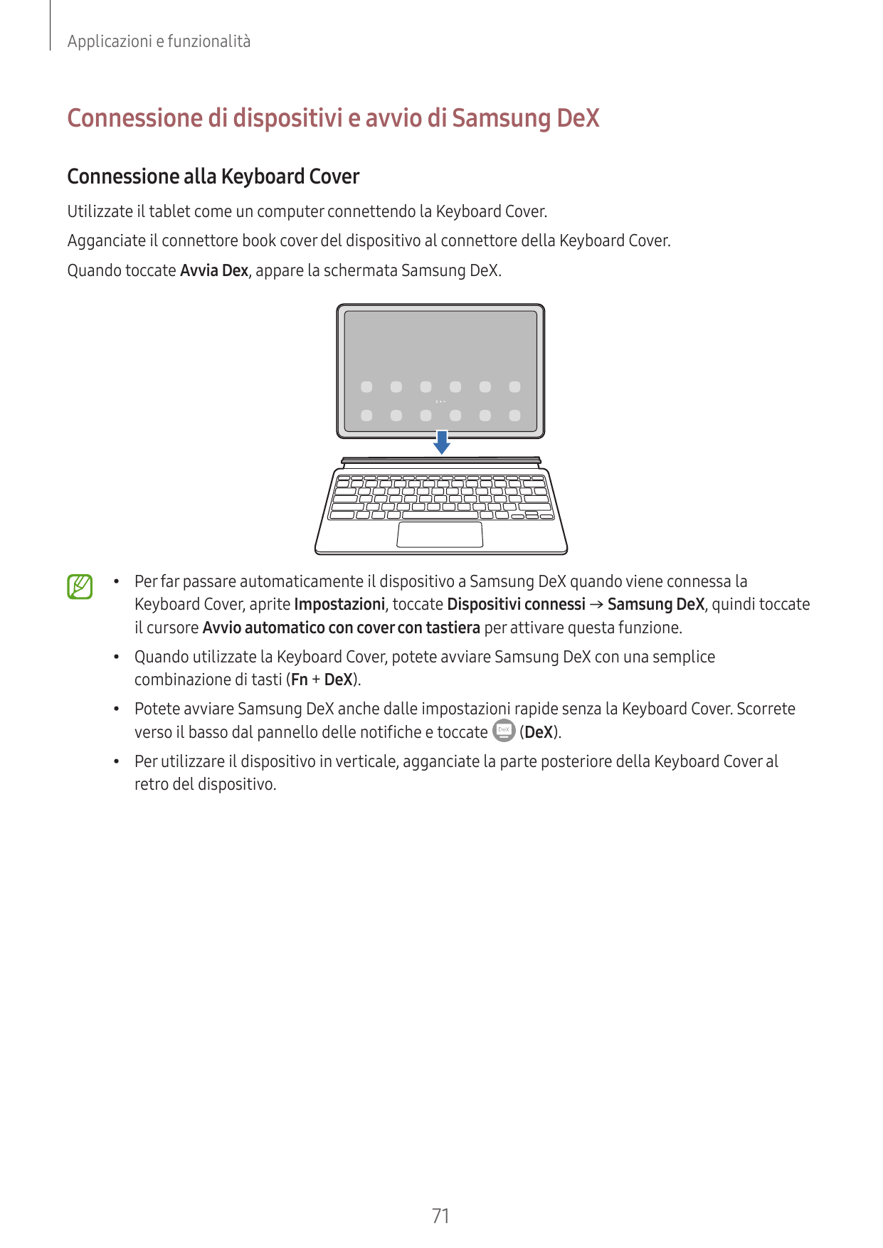 Applicazioni e funzionalitàConnessione di dispositivi e avvio di Samsung DeXConnessione alla Keyboard CoverUtilizzate il tablet 