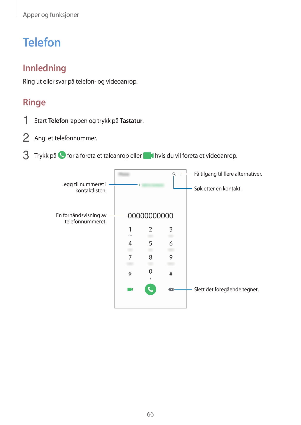 Apper og funksjonerTelefonInnledningRing ut eller svar på telefon- og videoanrop.Ringe1 Start Telefon-appen og trykk på Tastatur