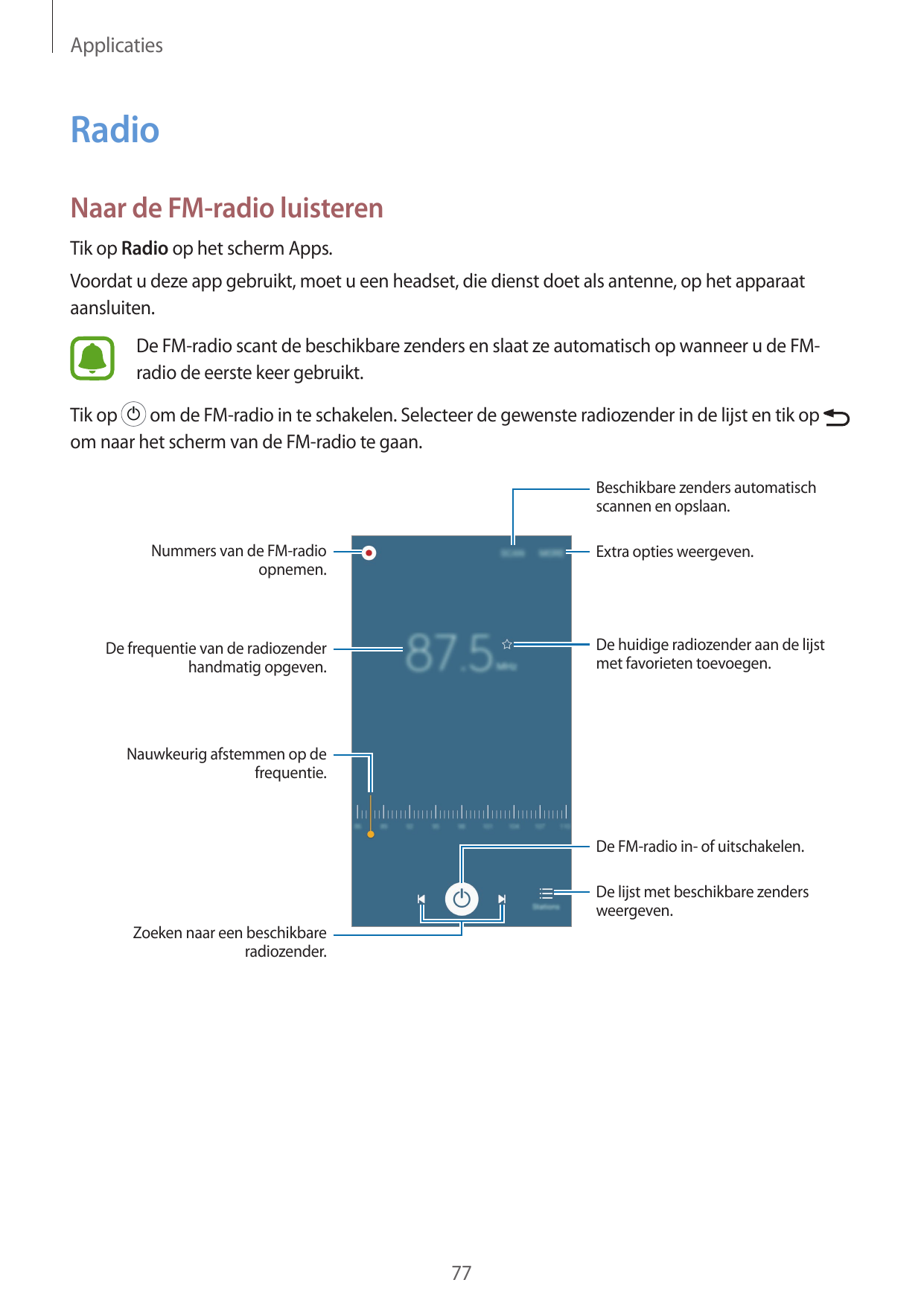 ApplicatiesRadioNaar de FM-radio luisterenTik op Radio op het scherm Apps.Voordat u deze app gebruikt, moet u een headset, die d