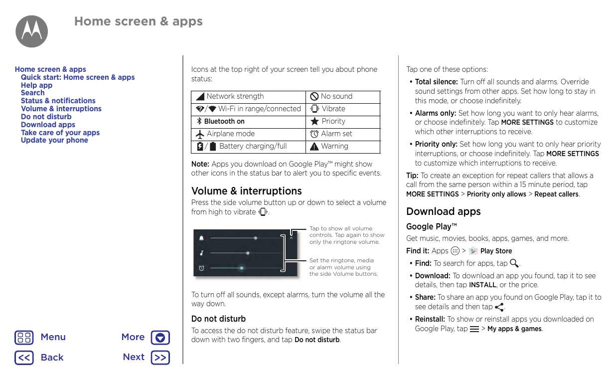 Home screen & appsHome screen & appsQuick start: Home screen & appsHelp appSearchStatus & notificationsVolume & interruptionsDo 