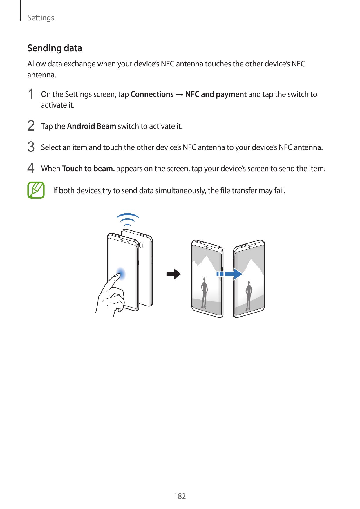 SettingsSending dataAllow data exchange when your device’s NFC antenna touches the other device’s NFCantenna.1 On the Settings s