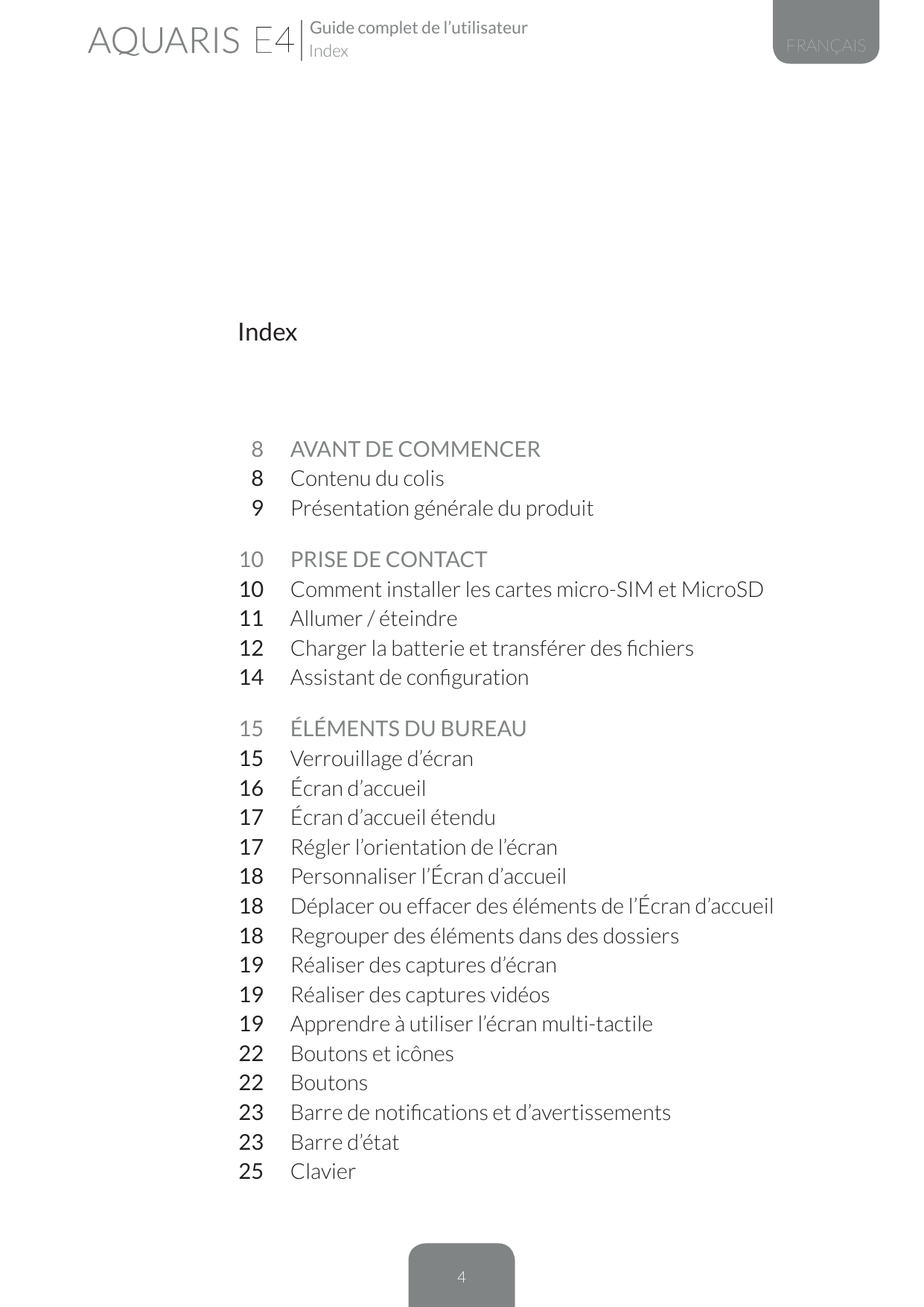 Guide complet de l’utilisateurIndexIndex889AVANT DE COMMENCERContenu du colisPrésentation générale du produit101011121415 ÉLÉMEN