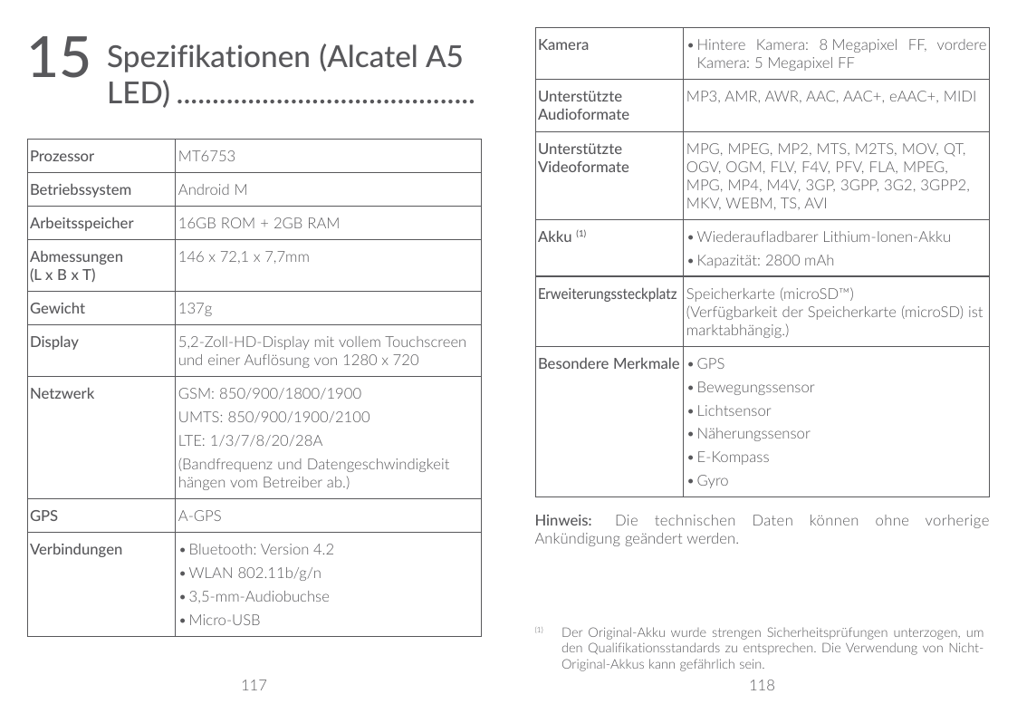 15Spezifikationen (Alcatel A5LED)...........................................ProzessorMT6753BetriebssystemAndroid MArbeitsspeiche
