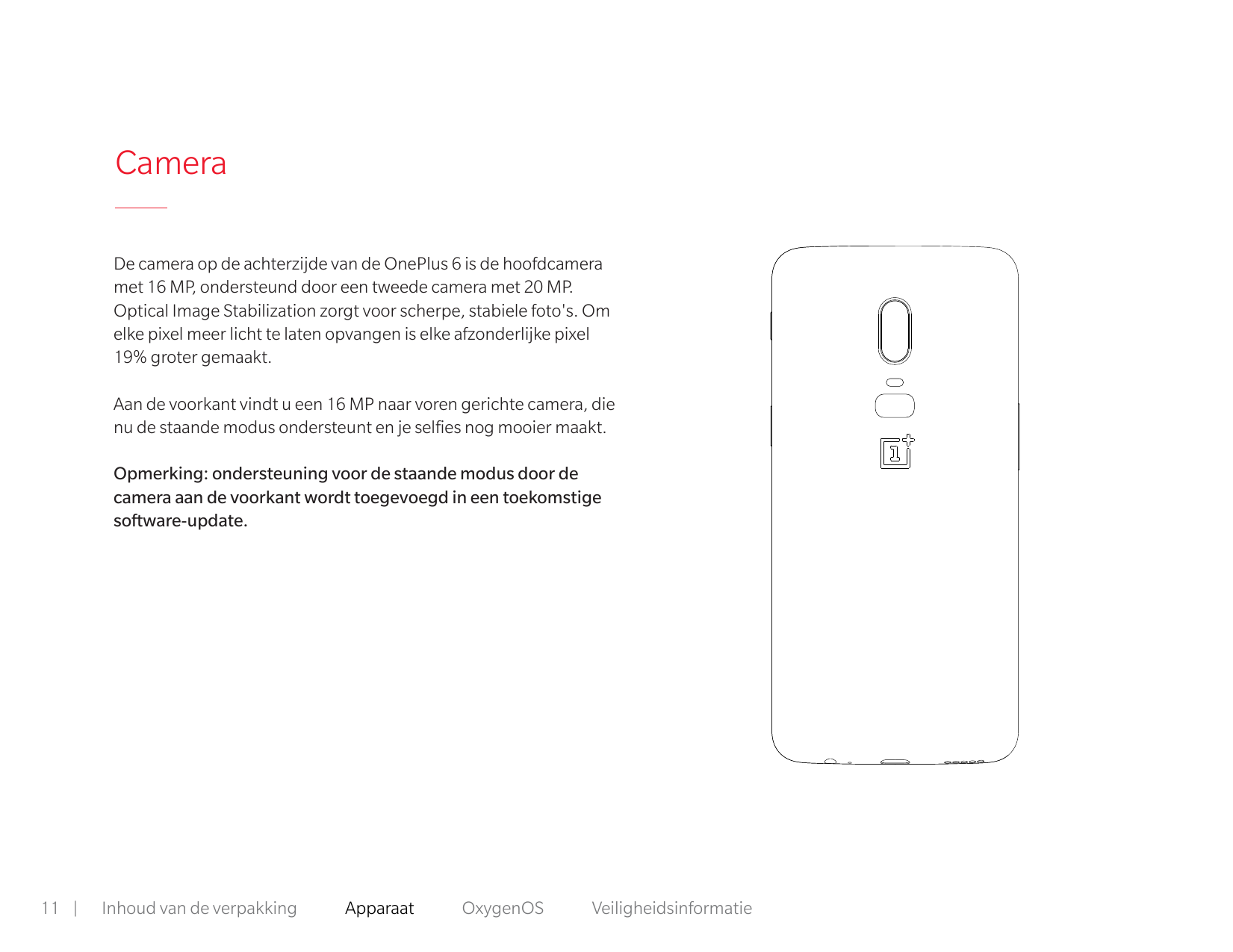 CameraDe camera op de achterzijde van de OnePlus 6 is de hoofdcameramet 16 MP, ondersteund door een tweede camera met 20 MP.Opti