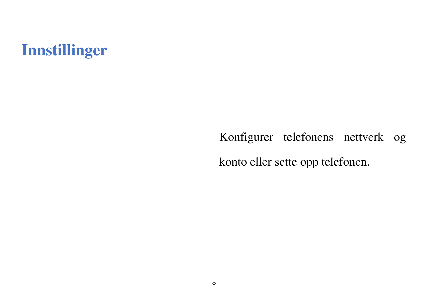 InnstillingerKonfigurer telefonens nettverk ogkonto eller sette opp telefonen.32