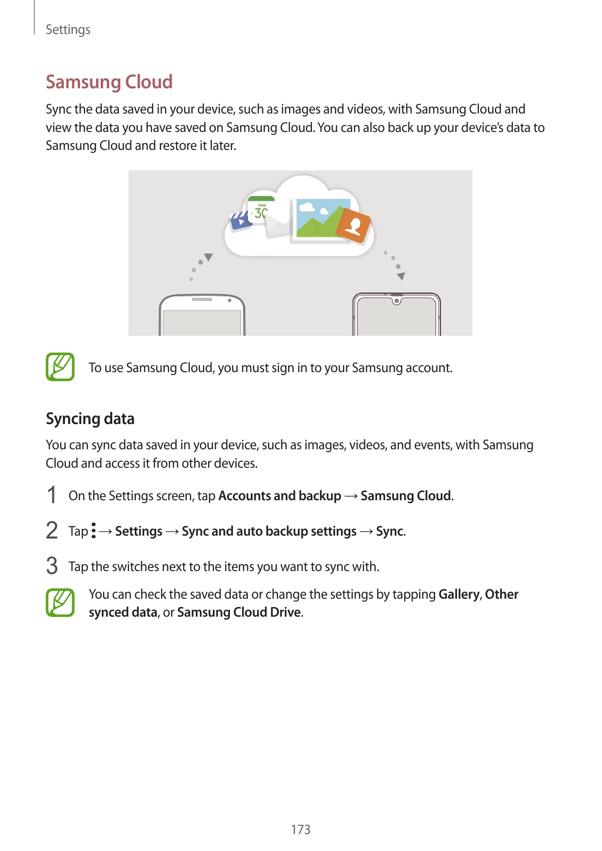 SettingsSamsung CloudSync the data saved in your device, such as images and videos, with Samsung Cloud andview the data you have