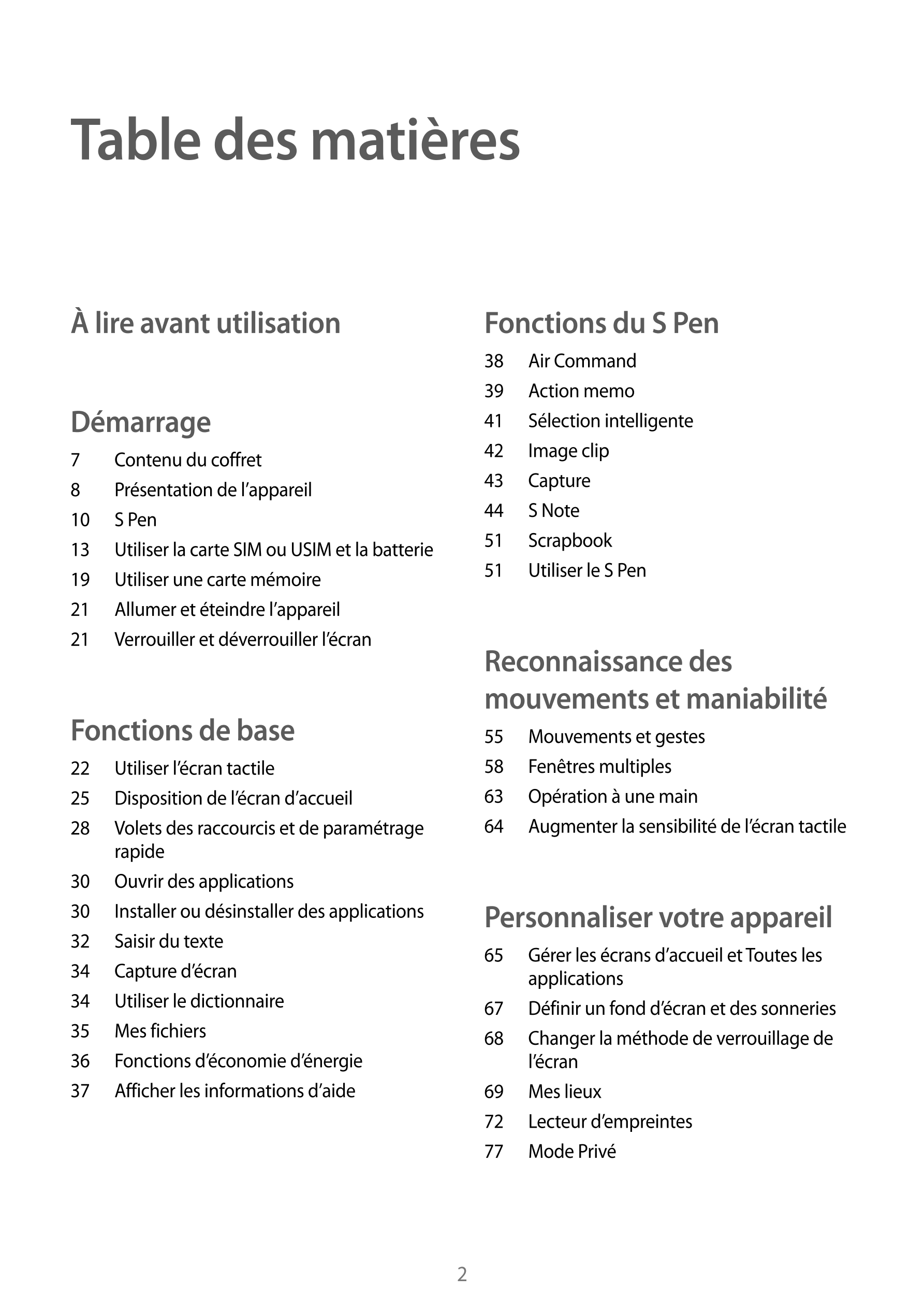 Table des matières
À lire avant utilisation Fonctions du  S Pen
38  Air Command
39  Action memo
Démarrage 41  Sélection intellig