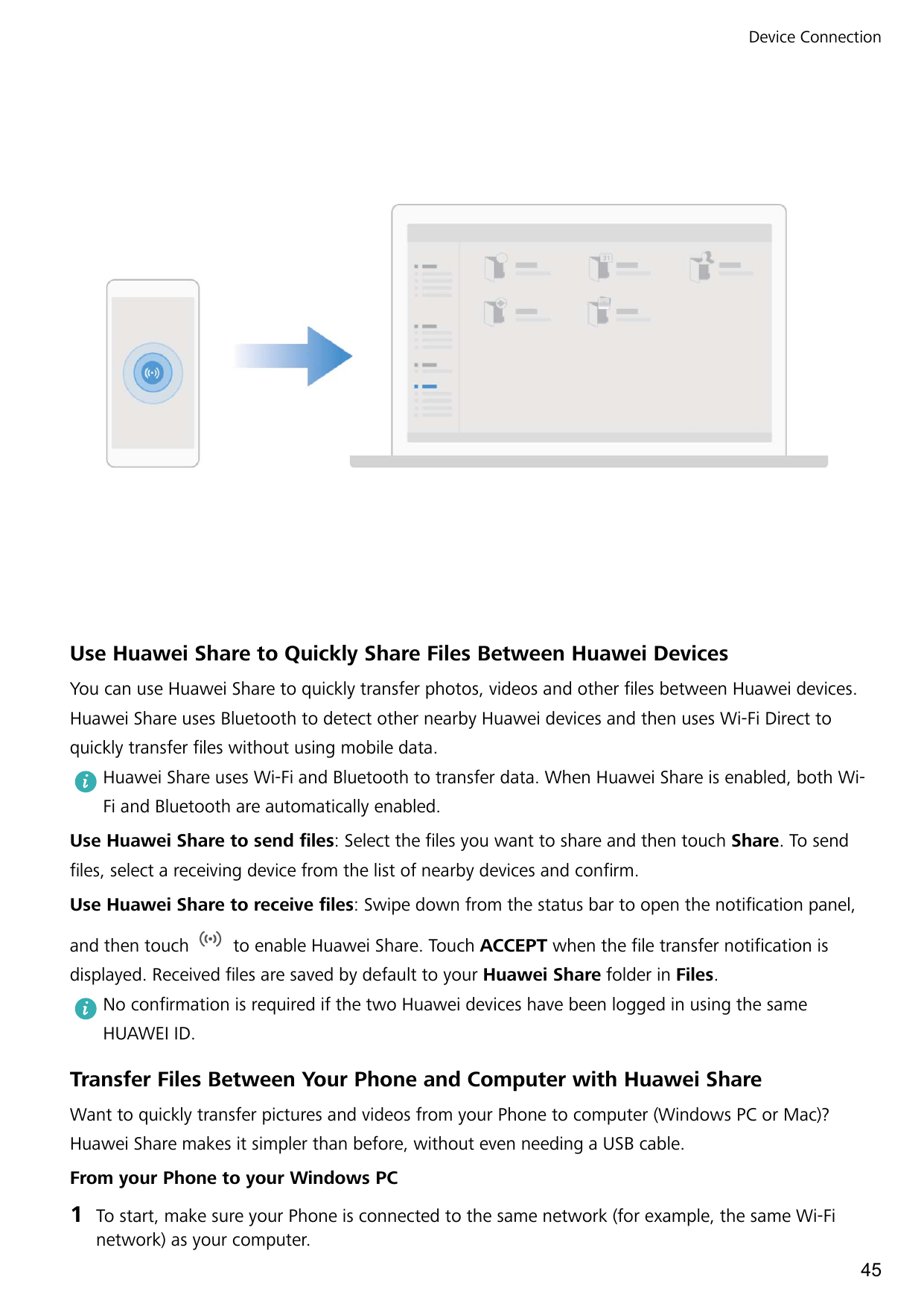Device ConnectionUse Huawei Share to Quickly Share Files Between Huawei DevicesYou can use Huawei Share to quickly transfer phot