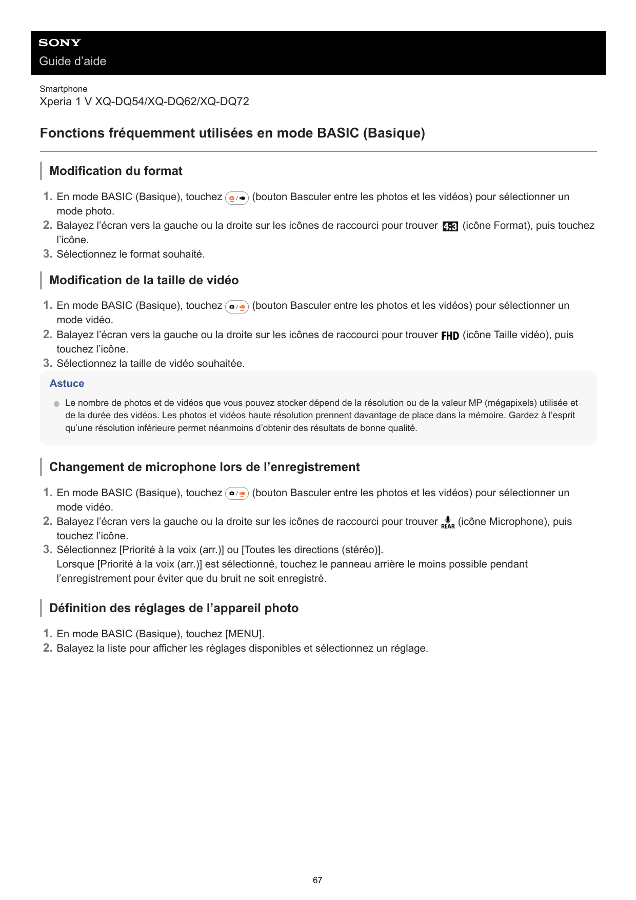 Guide d’aideSmartphoneXperia 1 V XQ-DQ54/XQ-DQ62/XQ-DQ72Fonctions fréquemment utilisées en mode BASIC (Basique)Modification du f